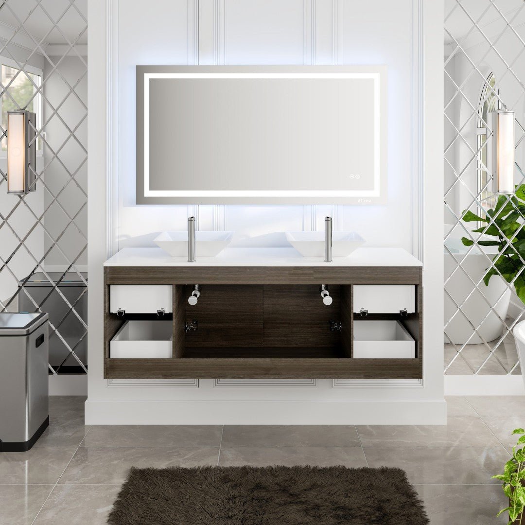 Luxurious 60 in. Gray Oak Wall Mount Double Sink Bath Vanity with White Quartz Top and Vessel Porcelain Sinks - Bathroom Vanity by Eviva