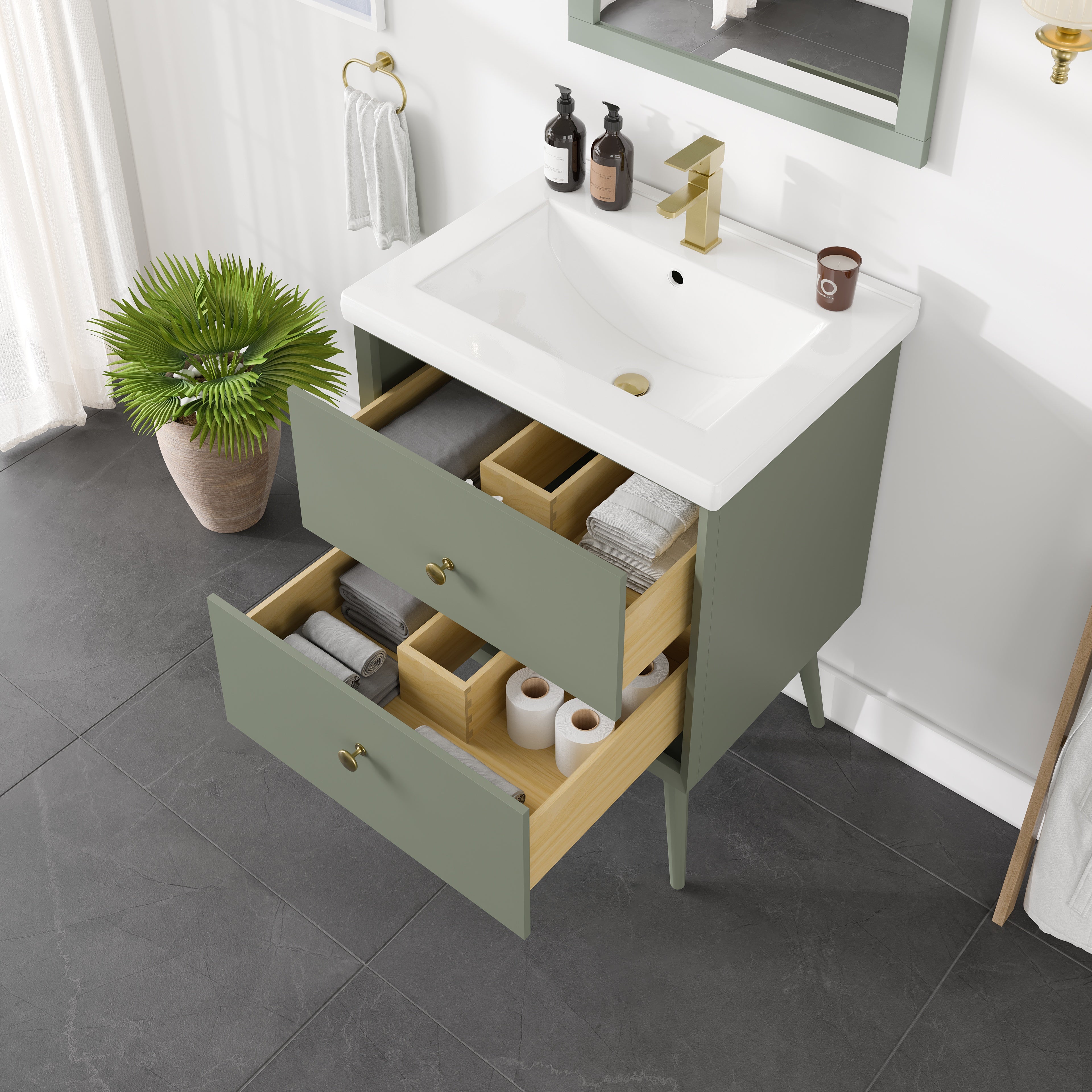 Seoul 24 in. Vintage Green Single Sink Bath Vanity with Porcelain Top and Integrated Sink