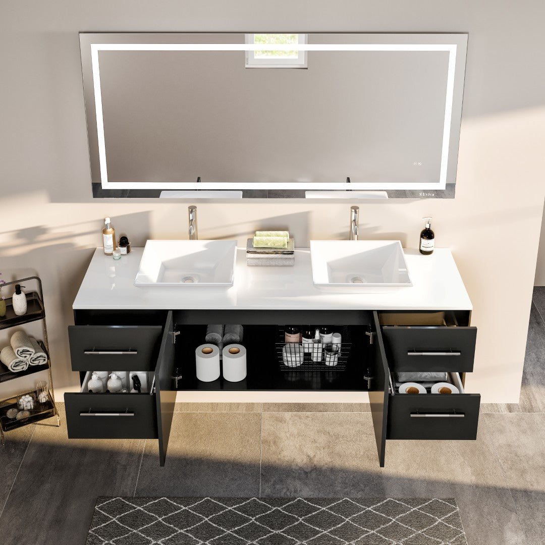 Wave 60 in. Espresso Wall Mount Double Sink Bath Vanity with White Quartz Top and Vessel Porcelain Sinks - Bathroom Vanity by Eviva