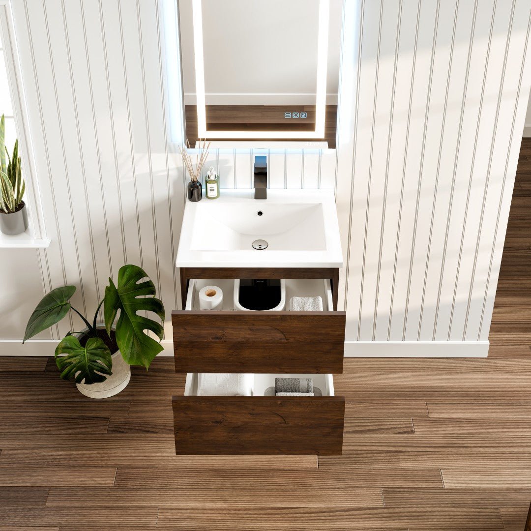 Joy 24 in. Rosewood Wall Mount Single Sink Bath Vanity with Porcelain Top and Integrated Sink - Bathroom Vanity by Eviva
