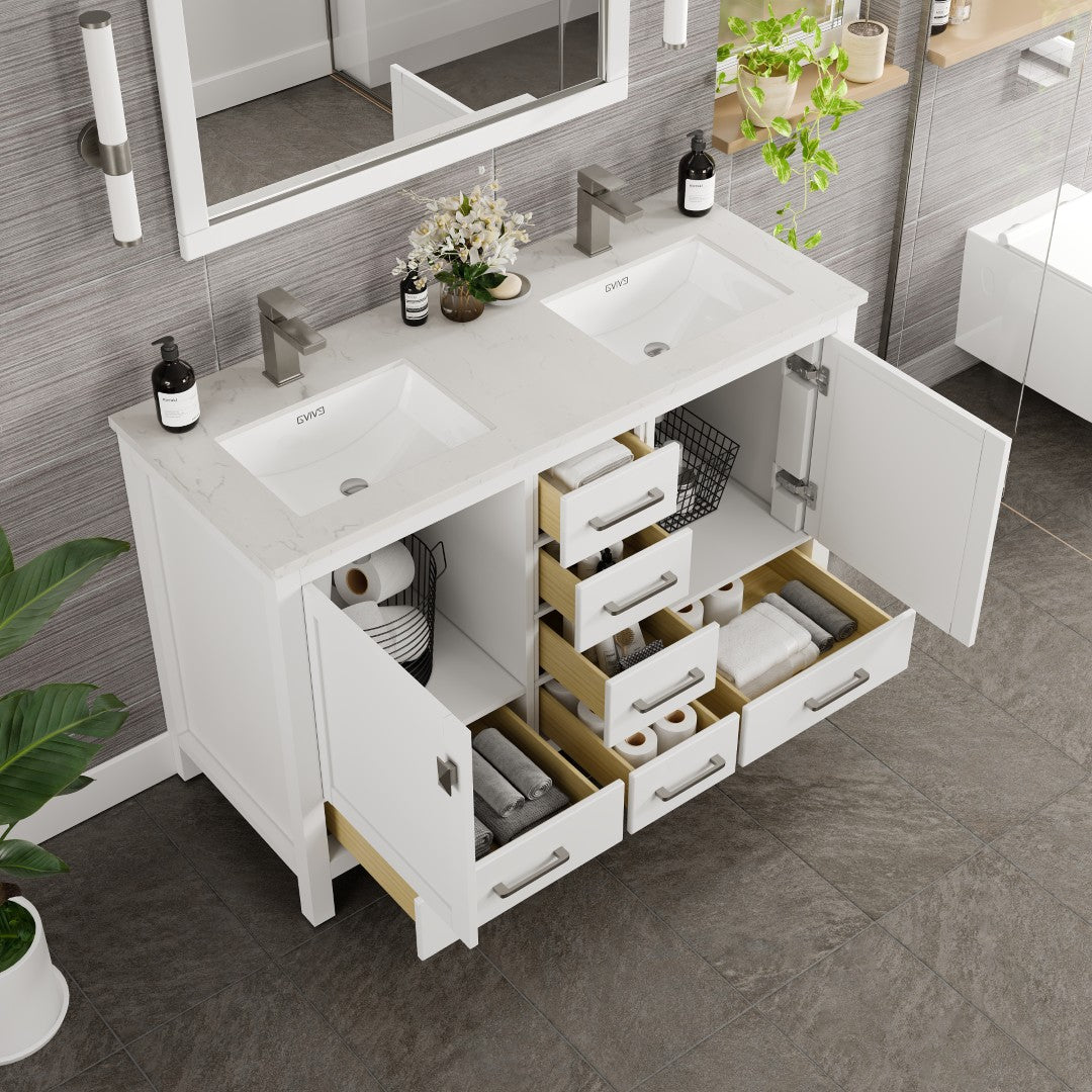 London 48 in. White Double Sink Bath Vanity with Carrara Quartz Top and Undermount Porcelain Sinks