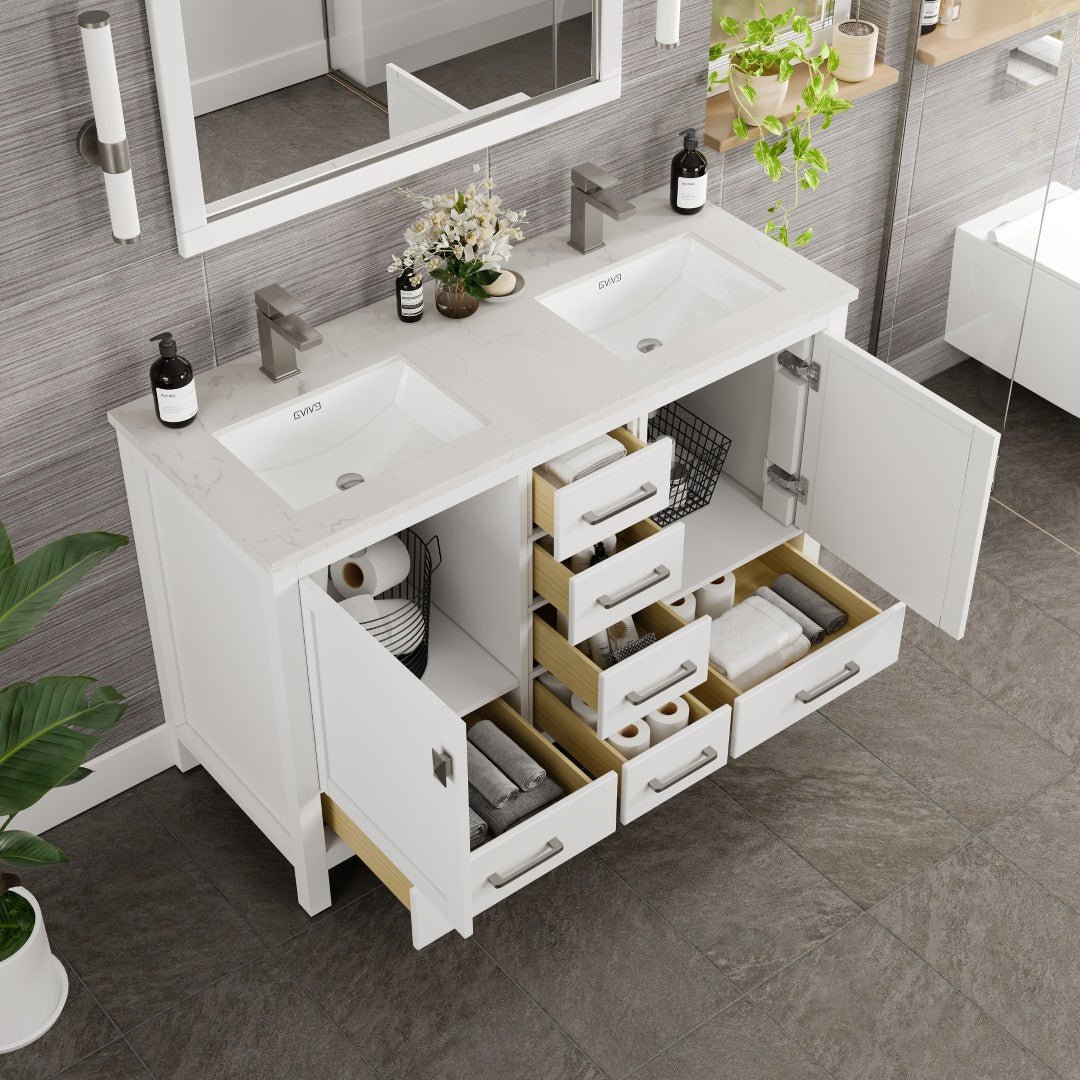 London 48 in. White Double Sink Bath Vanity with Carrara Quartz Top and Undermount Porcelain Sinks - Bathroom Vanity by Eviva