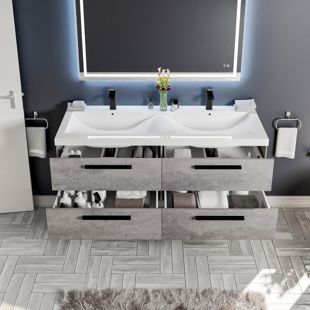 Surf 57 in. Concrete Gray Wall Mount Double Sink Bath Vanity with Acrylic Top and Integrated Sinks