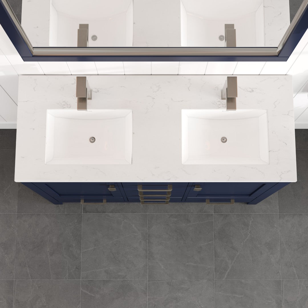 London 54 in. Blue Double Sink Bath Vanity with Carrara Quartz Top and Undermount Porcelain Sinks
