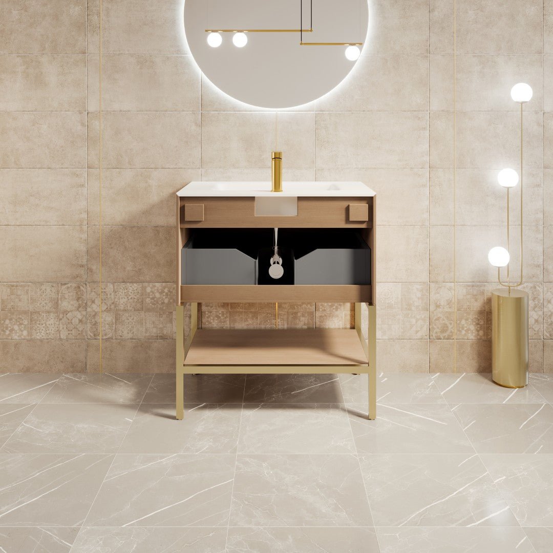 Iris 30 in. Natural Oak Single Sink Bath Vanity with Solid Surface Top and Integrated Sink - Bathroom Vanity by Eviva