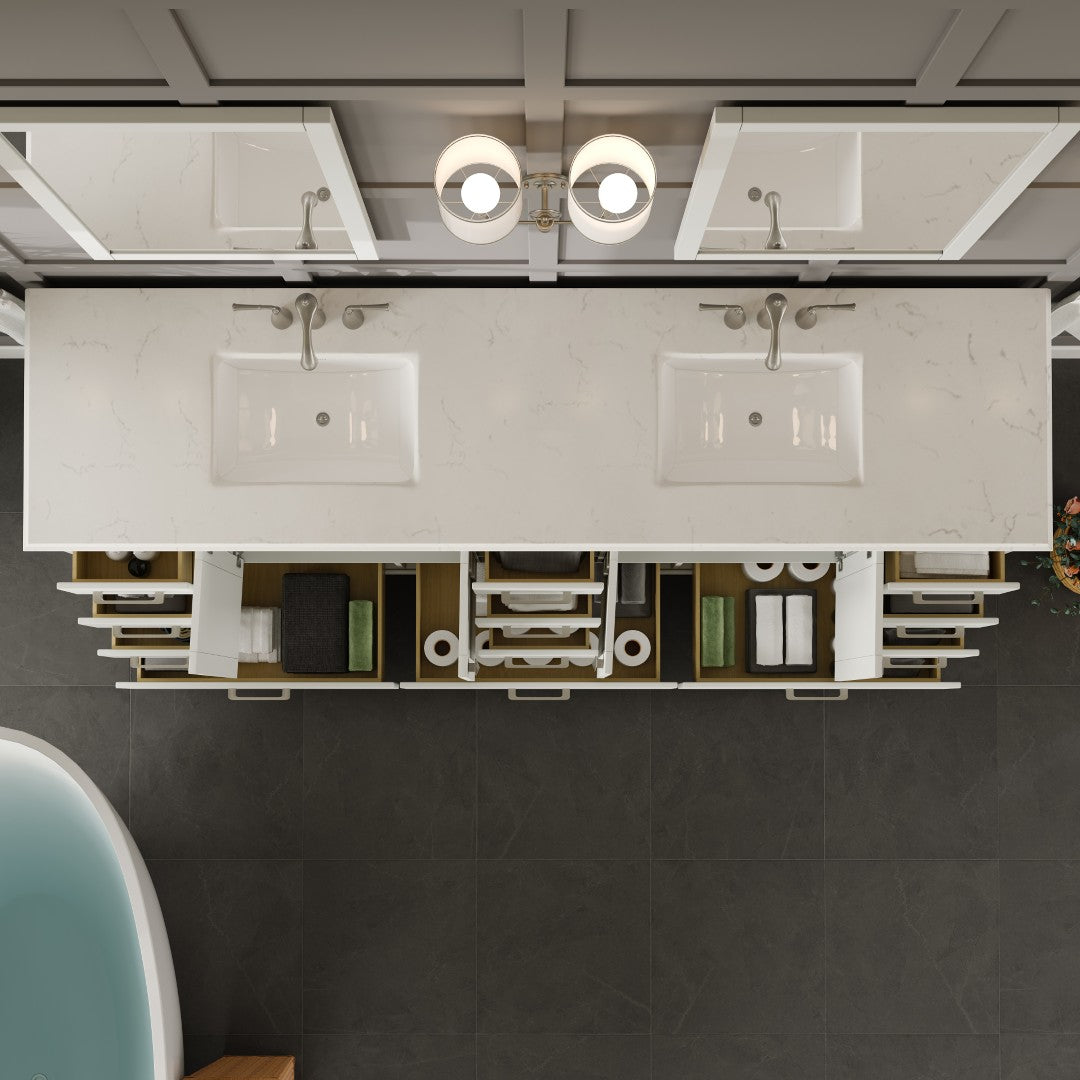 Storehouse 84 in. White Double Sink Bath Vanity with Carrara Quartz Top and Undermount Porcelain Sinks