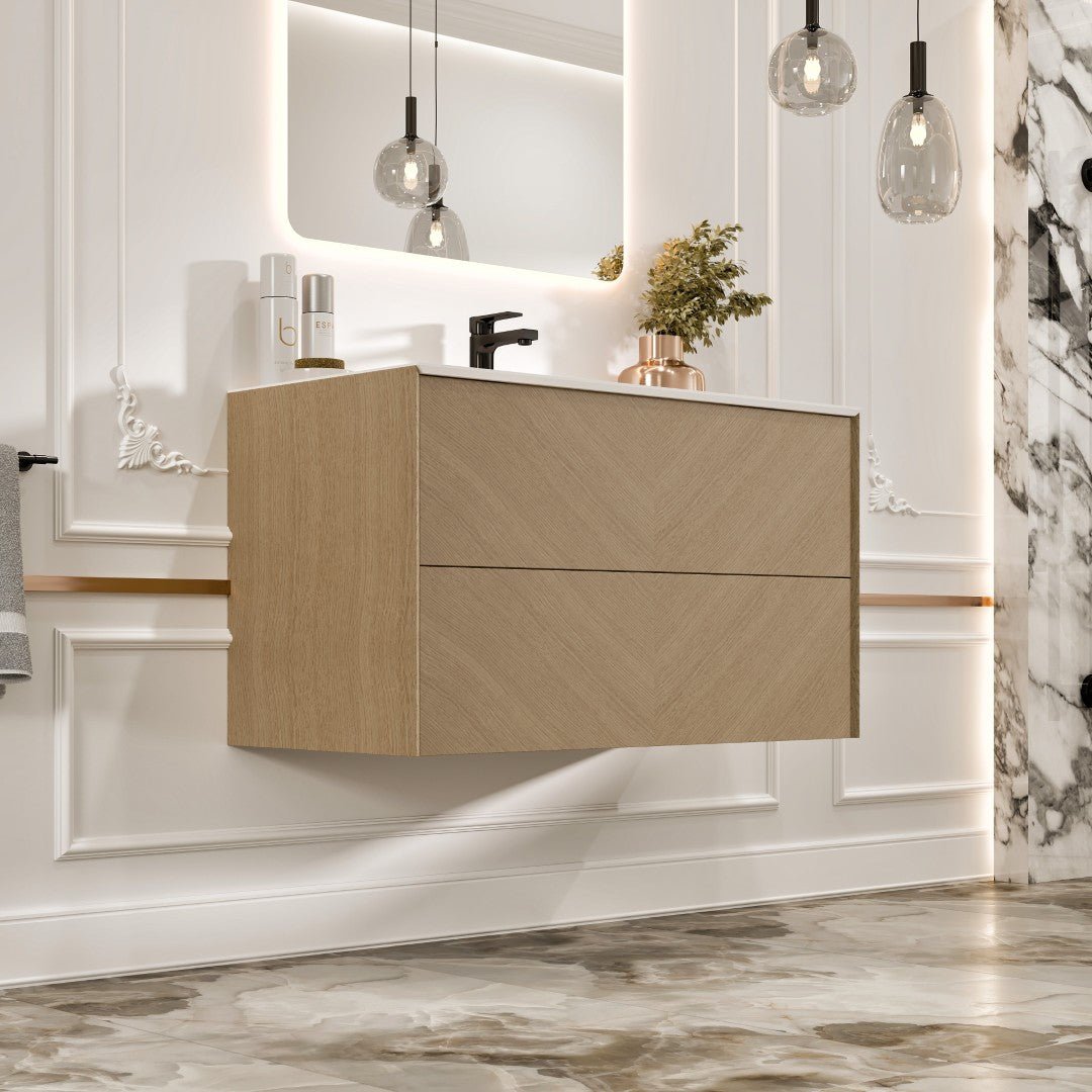Lotus 30 in. Natural Oak Wall Mount Single Sink Bath Vanity with Solid Surface Top and Integrated Sink - Bathroom Vanity by Eviva