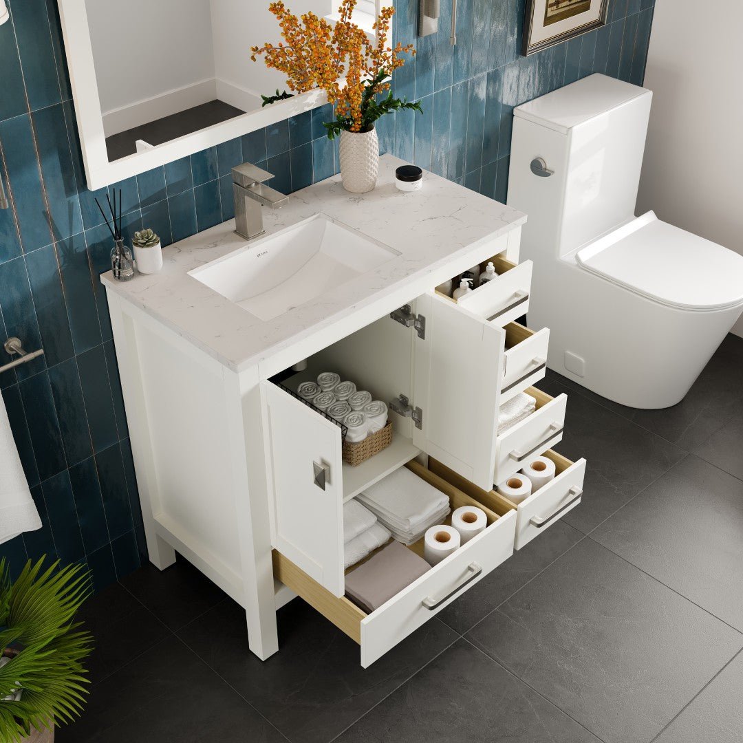 London 36 in. White Single Sink Bath Vanity with Carrara Quartz Top and Undermount Porcelain Sink - Bathroom Vanity by Eviva