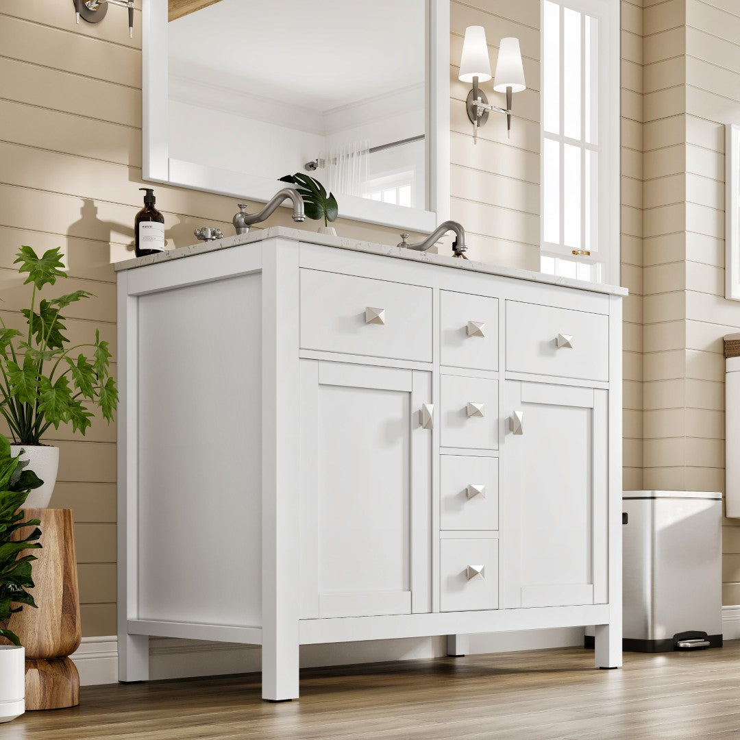 Artemis 44 in. White Double Sink Bath Vanity with Engineered Top and Undermount Porcelain Sinks