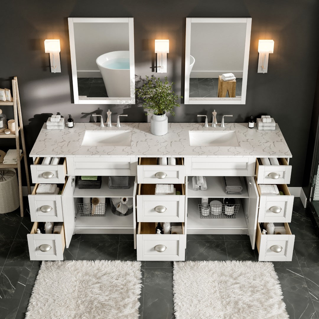 Epic 96 in. White Double Sink Bath Vanity with Carrara Quartz Top and Undermount Porcelain Sinks