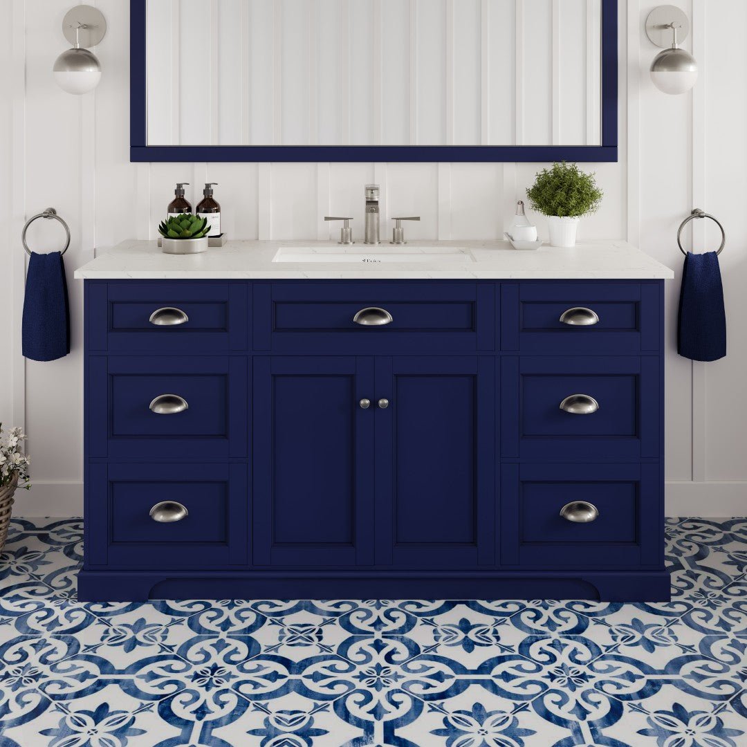 Epic 60 in. Blue Single Sink Bath Vanity with Carrara Quartz Top and Undermount Porcelain Sink - Bathroom Vanity by Eviva
