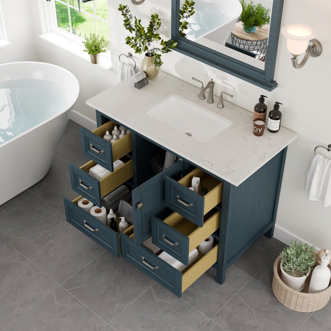 Britney 42 in. Ash Blue Single Sink Bath Vanity with Carrara Quartz Top and Undermount Porcelain Sink - Bathroom Vanity by Eviva