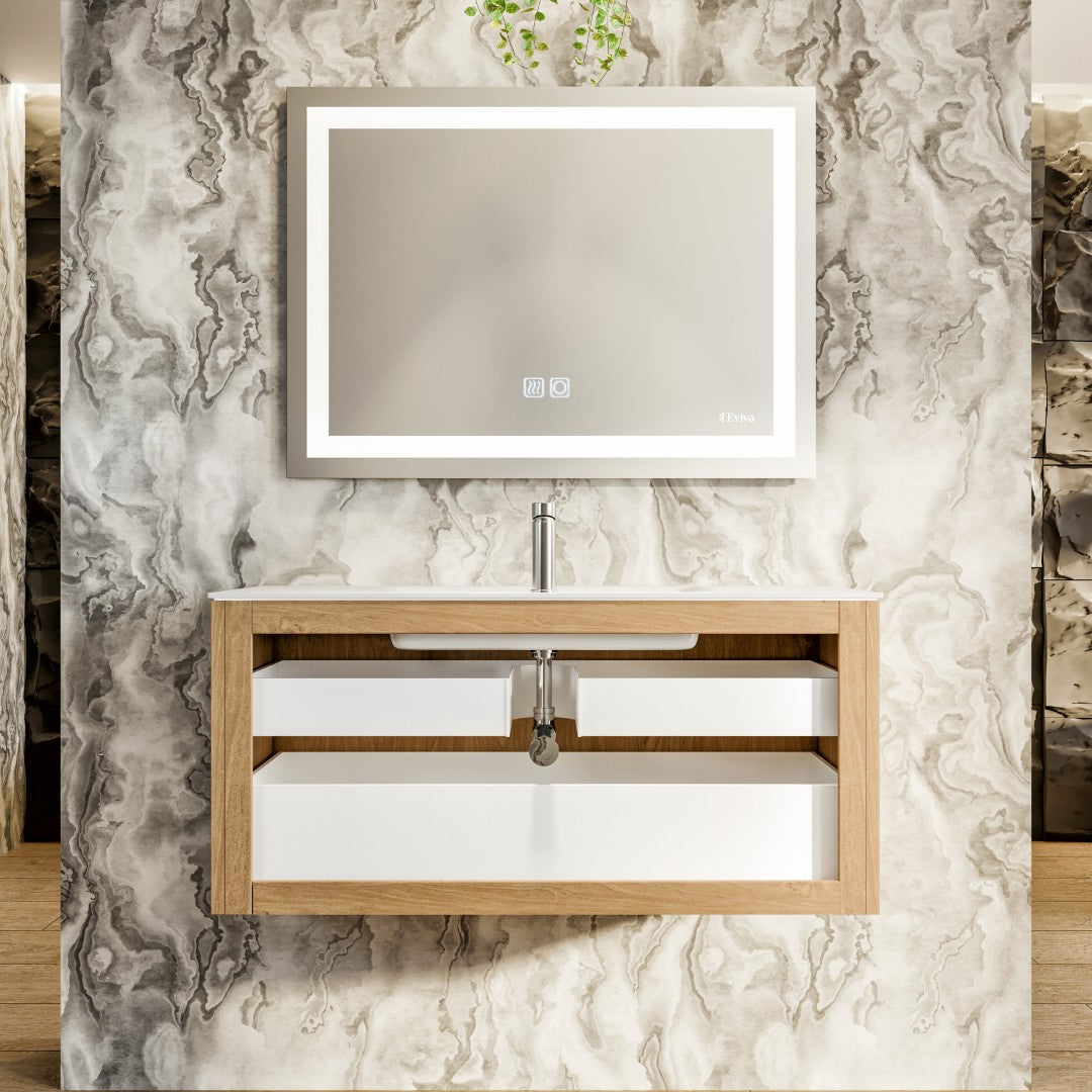 Lumber 44 in. Oak Wall Mount Single Sink Bath Vanity with Solid Surface Top and Integrated Sink