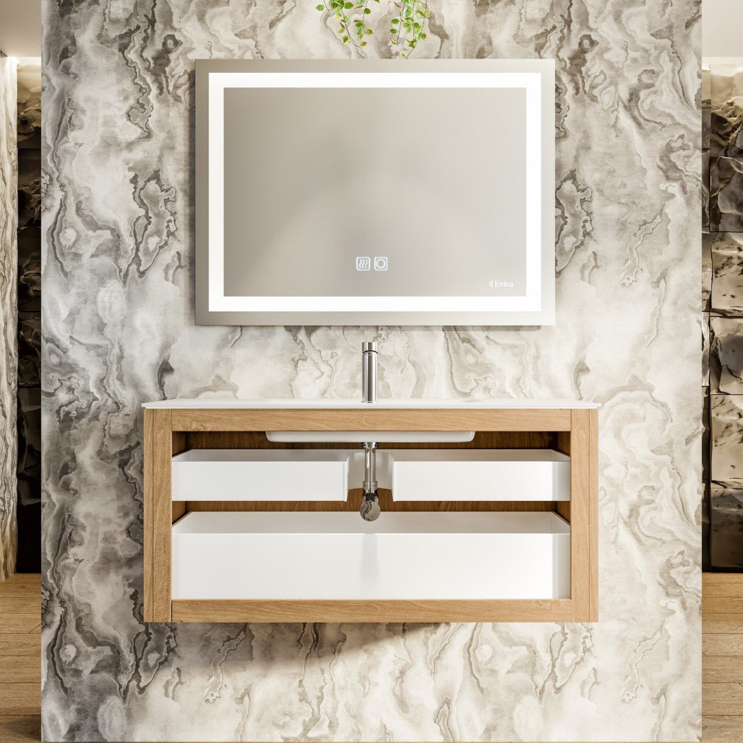 Lumber 44 in. Oak Wall Mount Single Sink Bath Vanity with Solid Surface Top and Integrated Sink - Bathroom Vanity by Eviva