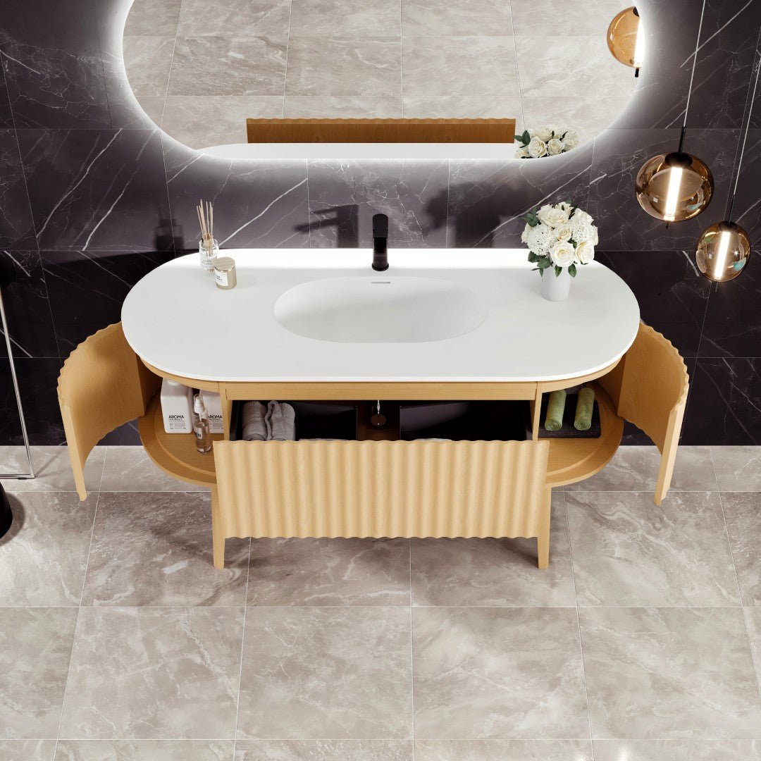 Haven 55 in. Natural Oak Freestanding Single Sink Bath Vanity with Solid Surface Top and Integrated Sink - Bathroom Vanity by Eviva