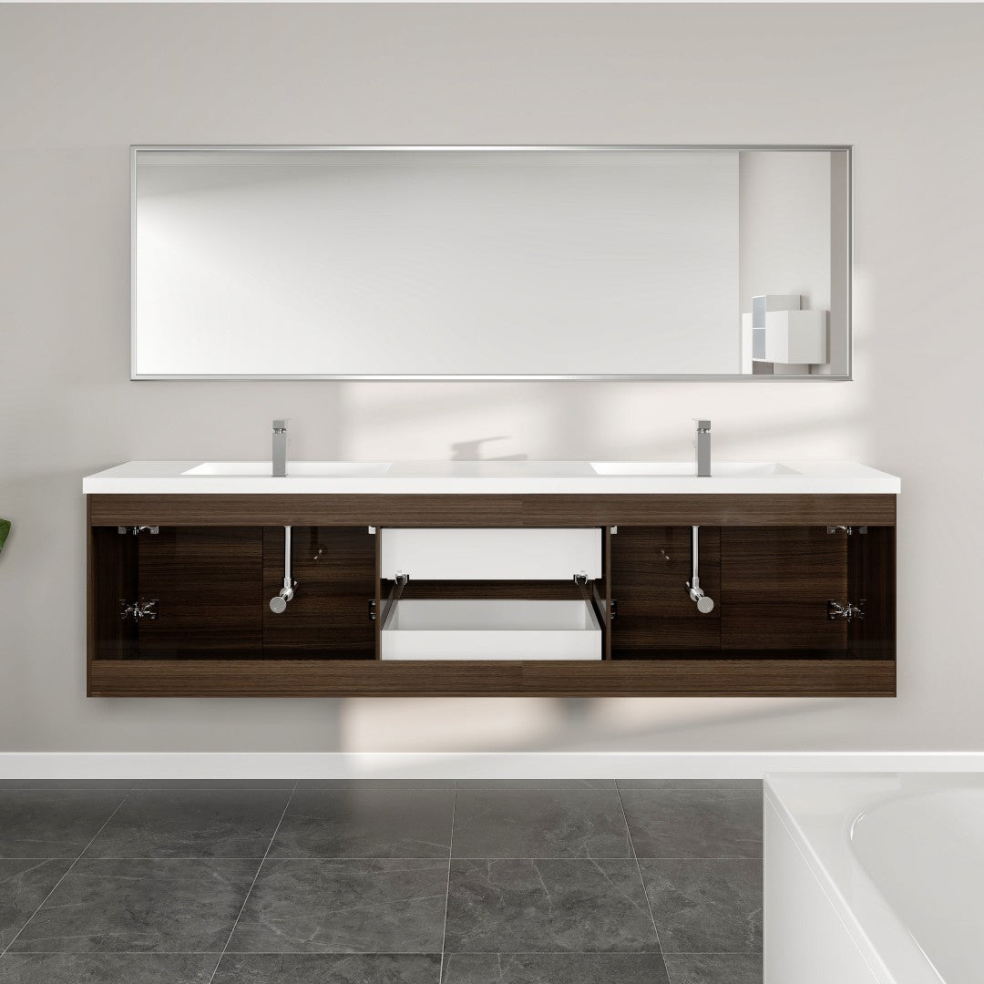 Lumina 84 in. Gray Oak Wall Mount Double Sink Bath Vanity with Acrylic Top and Integrated Sinks