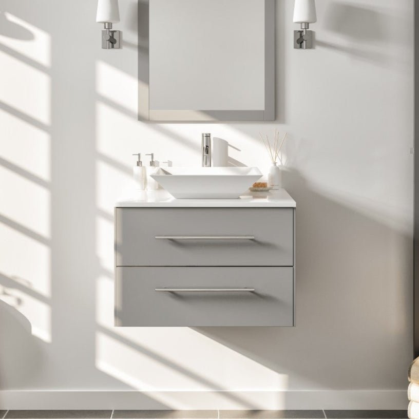 Wave 24 in. Gray Wall Mount Single Sink Bath Vanity with White Quartz Top and Vessel Porcelain Sink - Bathroom Vanity by Eviva