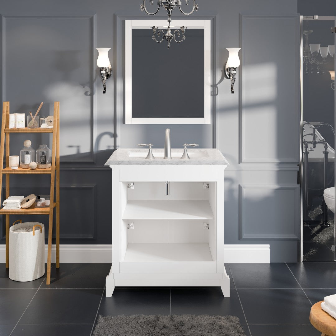 Elite Princeton 30 in. White Single Sink Bath Vanity with Carrara Marble Top and Undermount Porcelain Sink