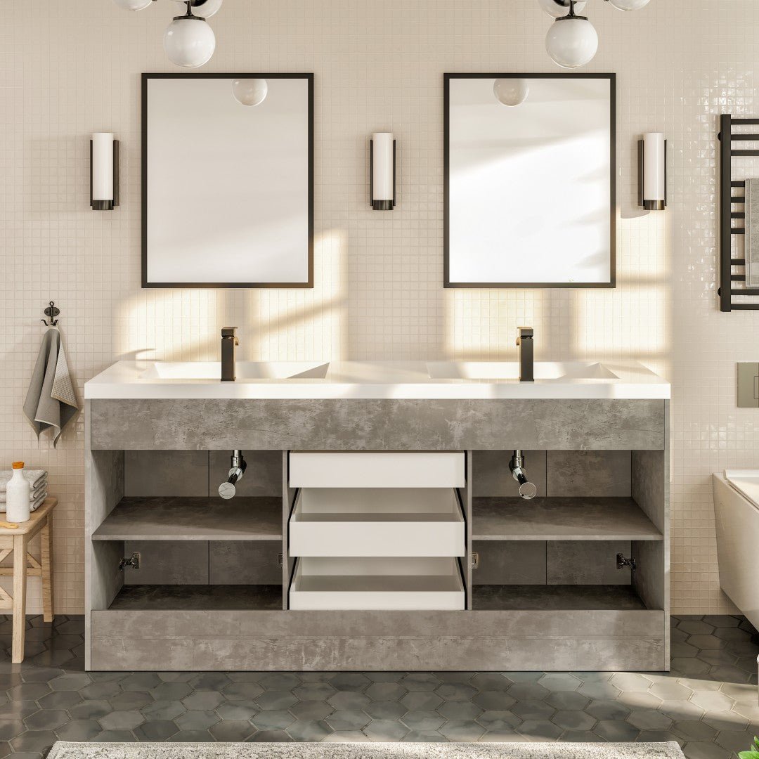 Lugano 72 in. Concrete Gray Double Sink Bath Vanity with Acrylic Top and Integrated Sinks - Bathroom Vanity by Eviva