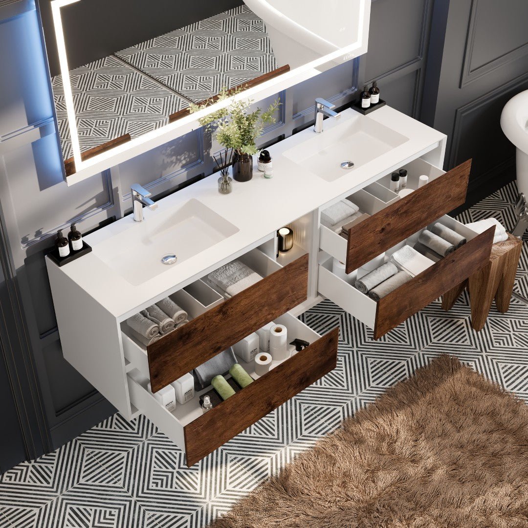 Vienna 75 in. Rosewood Wall Mount Double Sink Bath Vanity with Acrylic Top and Integrated Sinks - Bathroom Vanity by Eviva