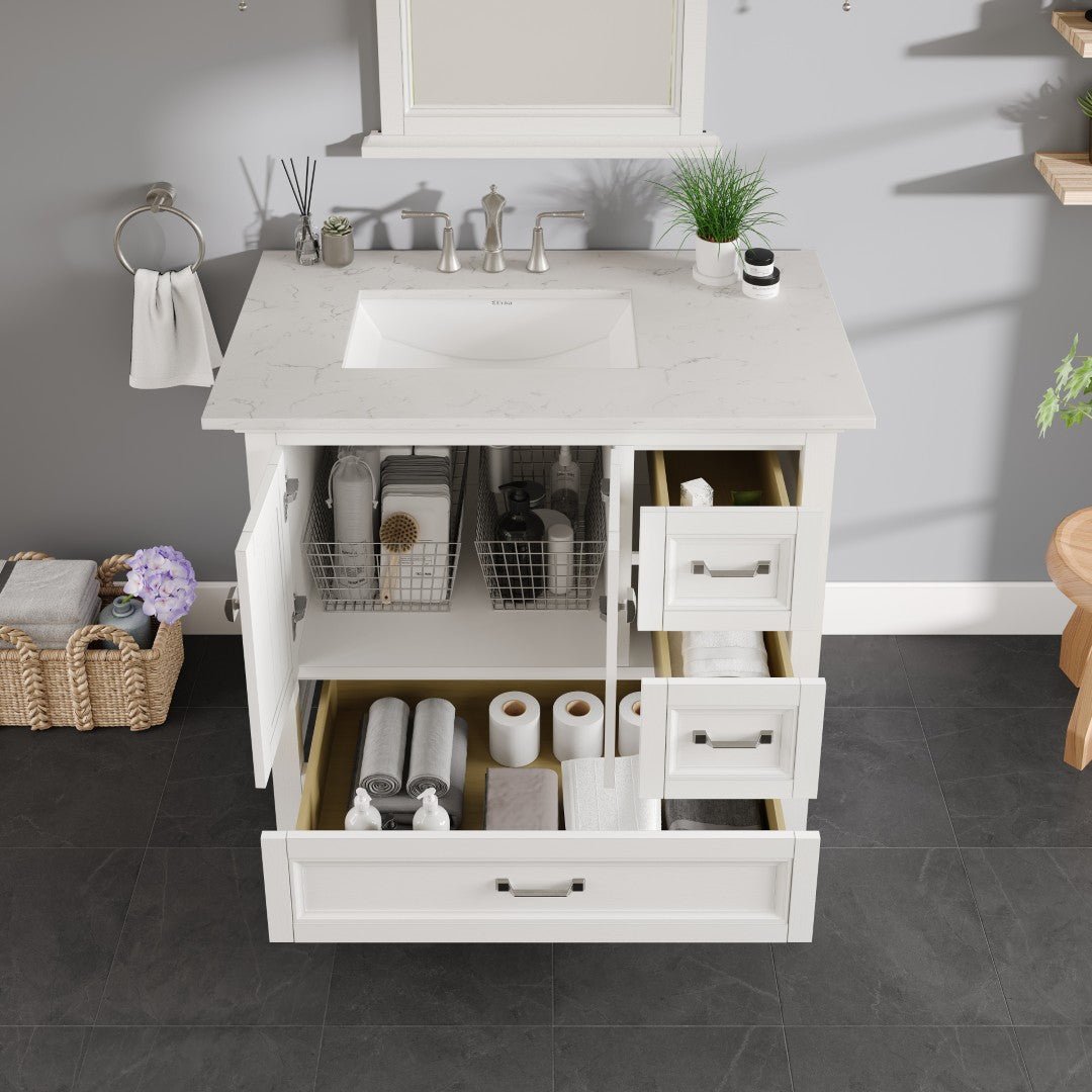 Britney 36 in. White Single Sink Bath Vanity with Carrara Quartz Top and Undermount Porcelain Sink - Bathroom Vanity by Eviva