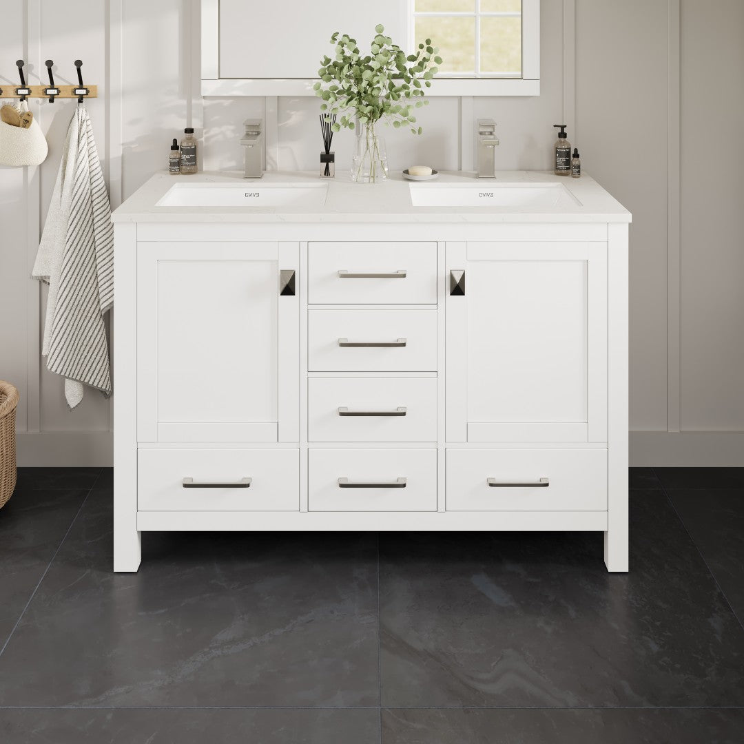 London 54 in. White Double Sink Bath Vanity with Carrara Quartz Top and Undermount Porcelain Sinks
