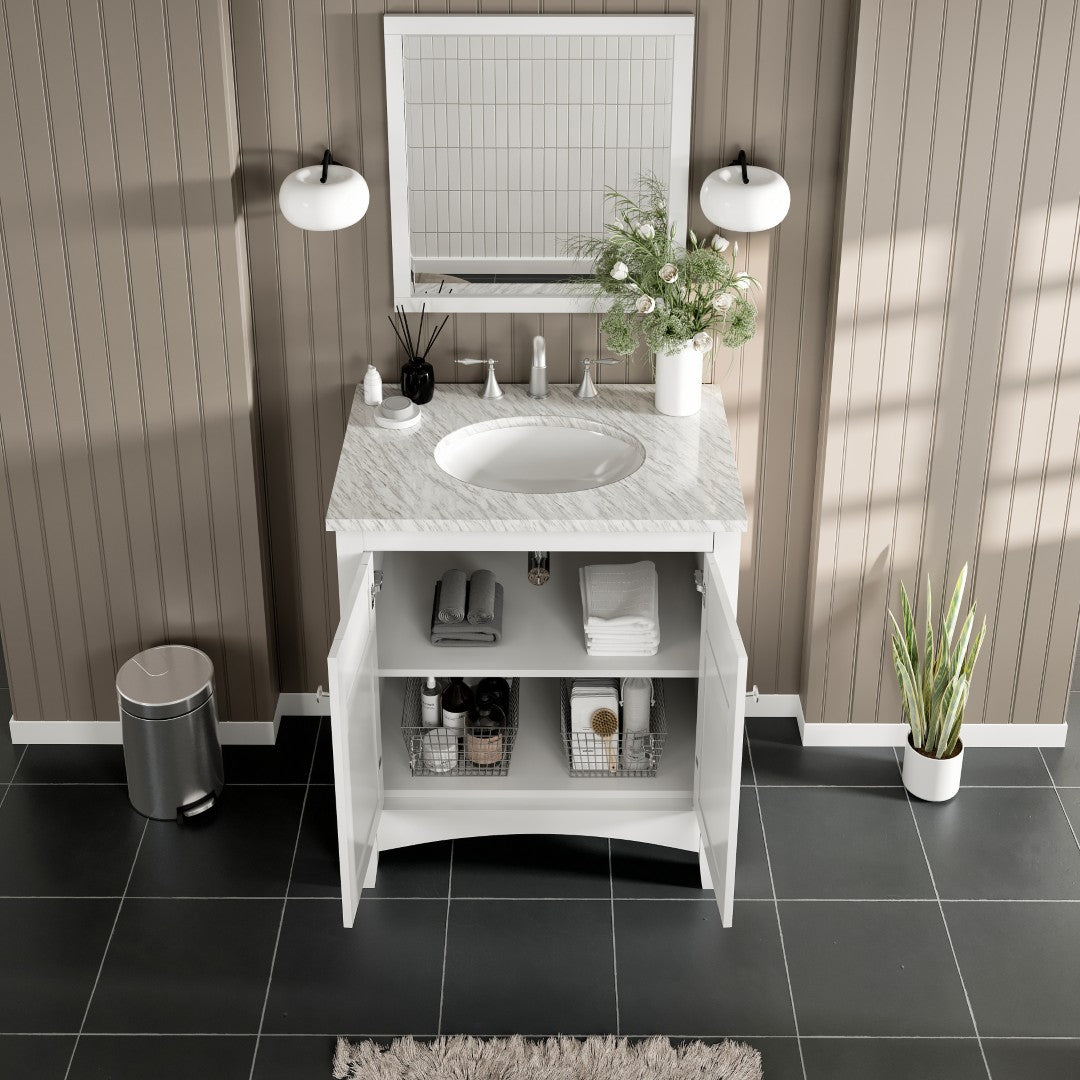 New York 30 in. White Single Sink Bath Vanity with Carrara Marble Top and Undermount Porcelain Sink