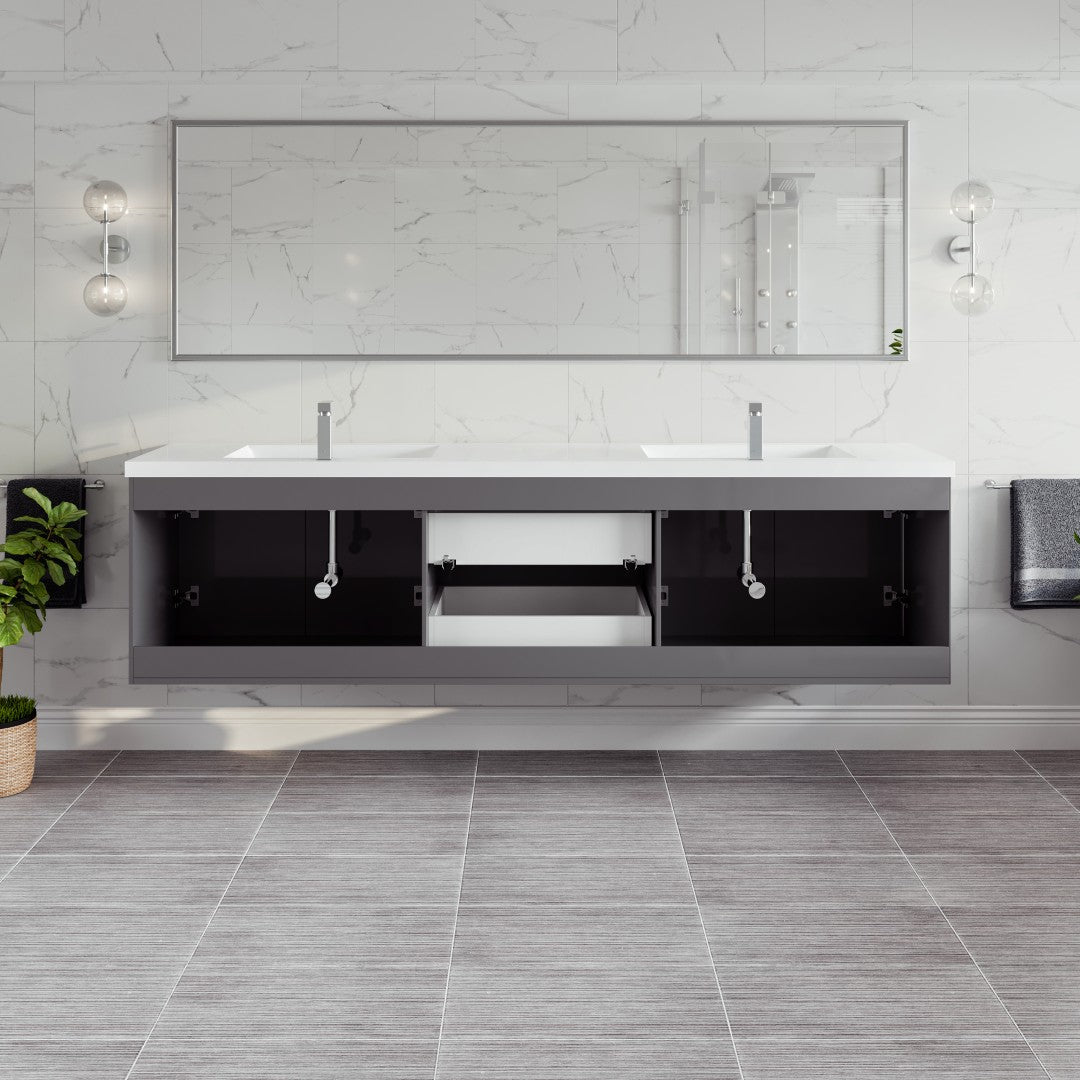 Lumina 84 in. Gray Wall Mount Double Sink Bath Vanity with Acrylic Top and Integrated Sinks