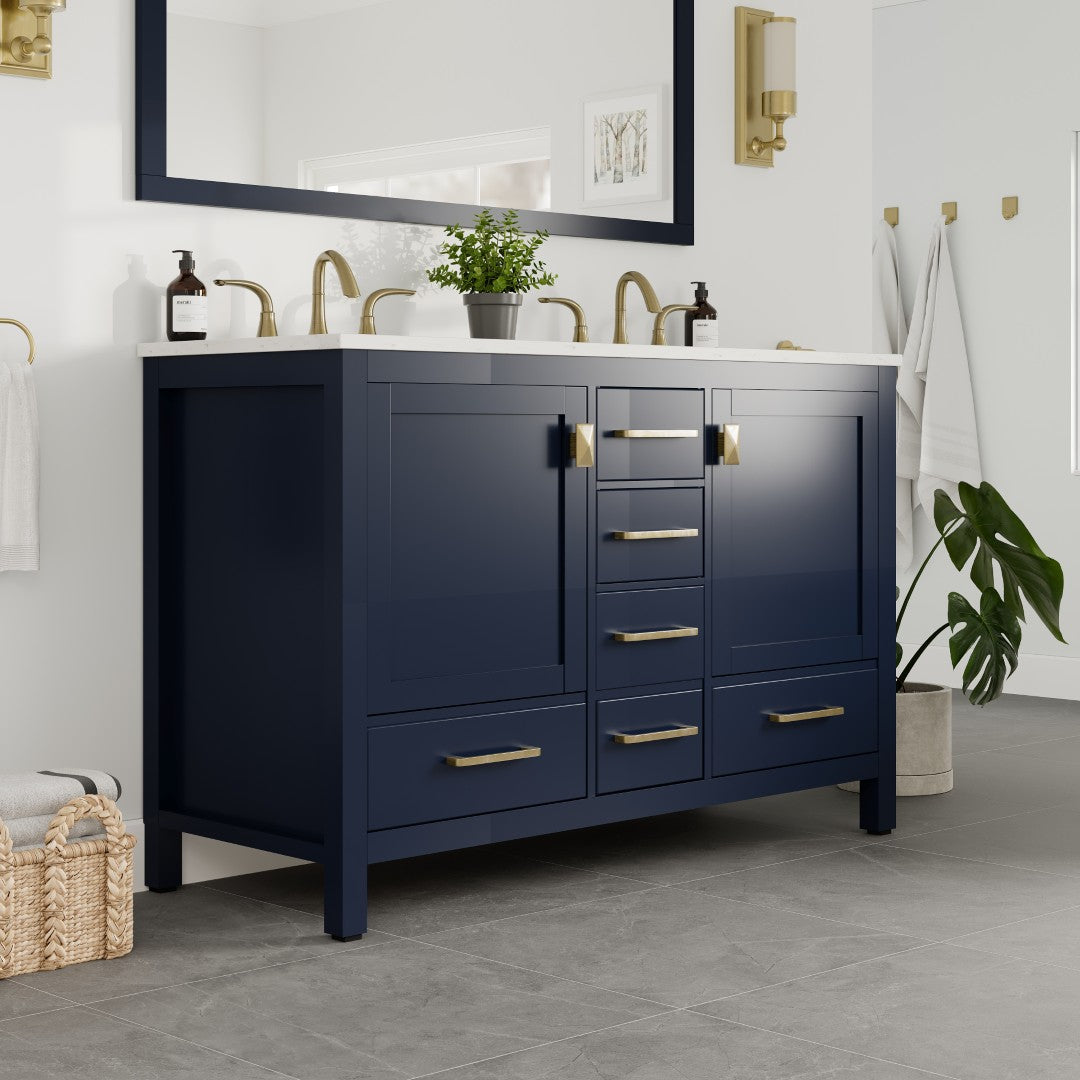 Aberdeen 48 in. Blue Double Sink Bath Vanity with Carrara Quartz Top and Undermount Porcelain Sinks