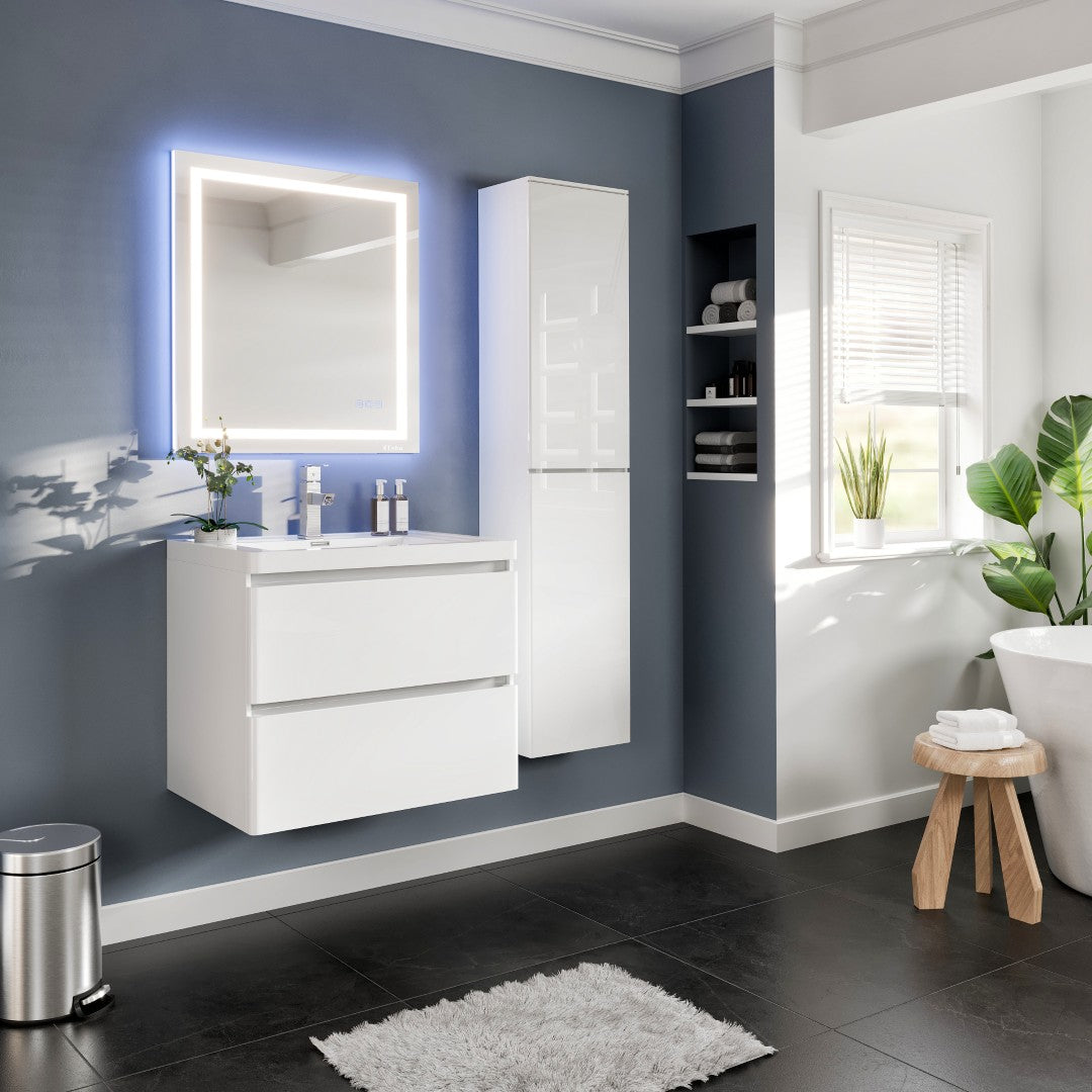 Glazzy 28 in. White Wall Mount Single Sink Bath Vanity with Acrylic Top and Integrated Sink