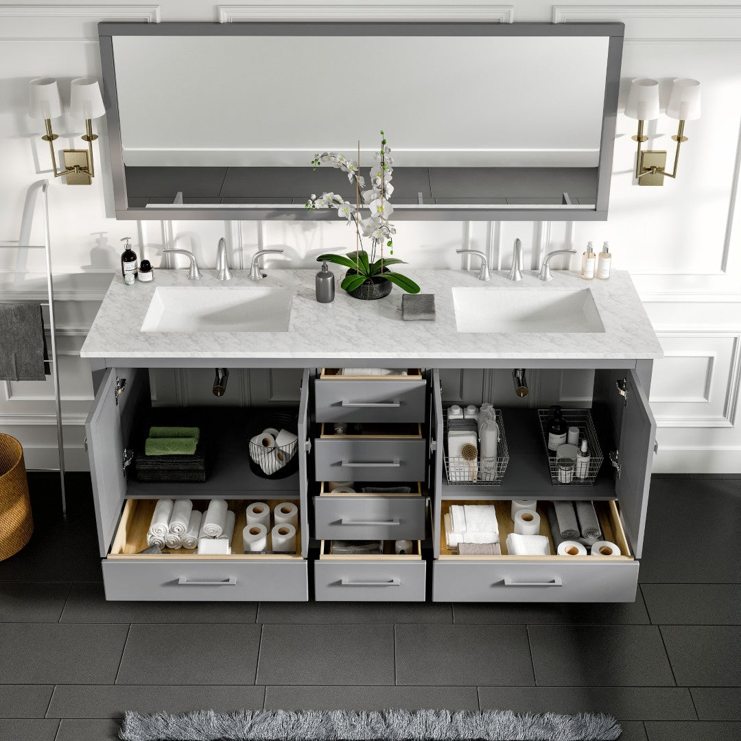 Eviva Aberdeen 72 in. Gray Bathroom Vanity with Carrara Marble Top
