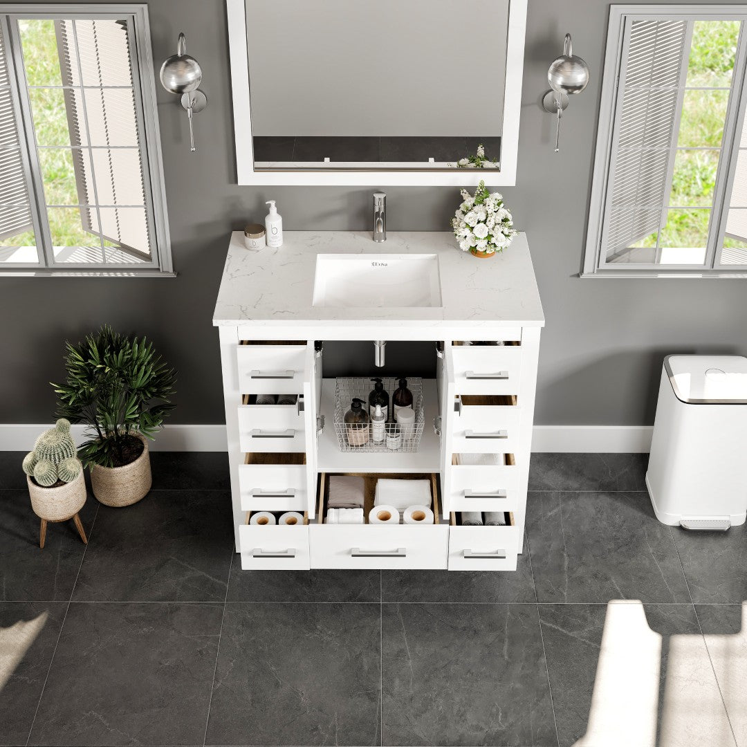 Hampton 36 in. White Single Sink Bath Vanity with Carrara Quartz Top and Undermount Porcelain Sink