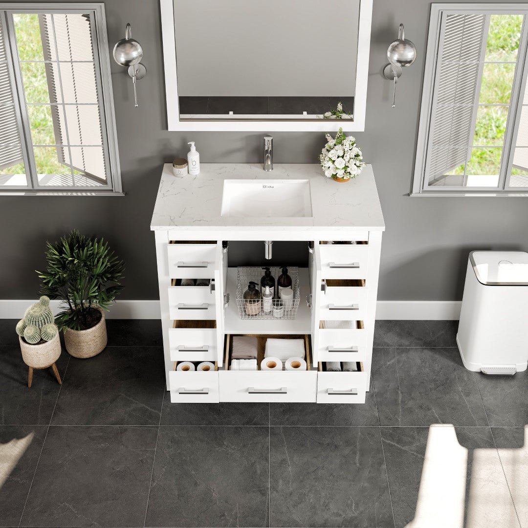 Hampton 36" x 18" White Single Sink Bath Vanity with Carrara Quartz Top and Undermount Porcelain Sink - Bathroom Vanity by Eviva