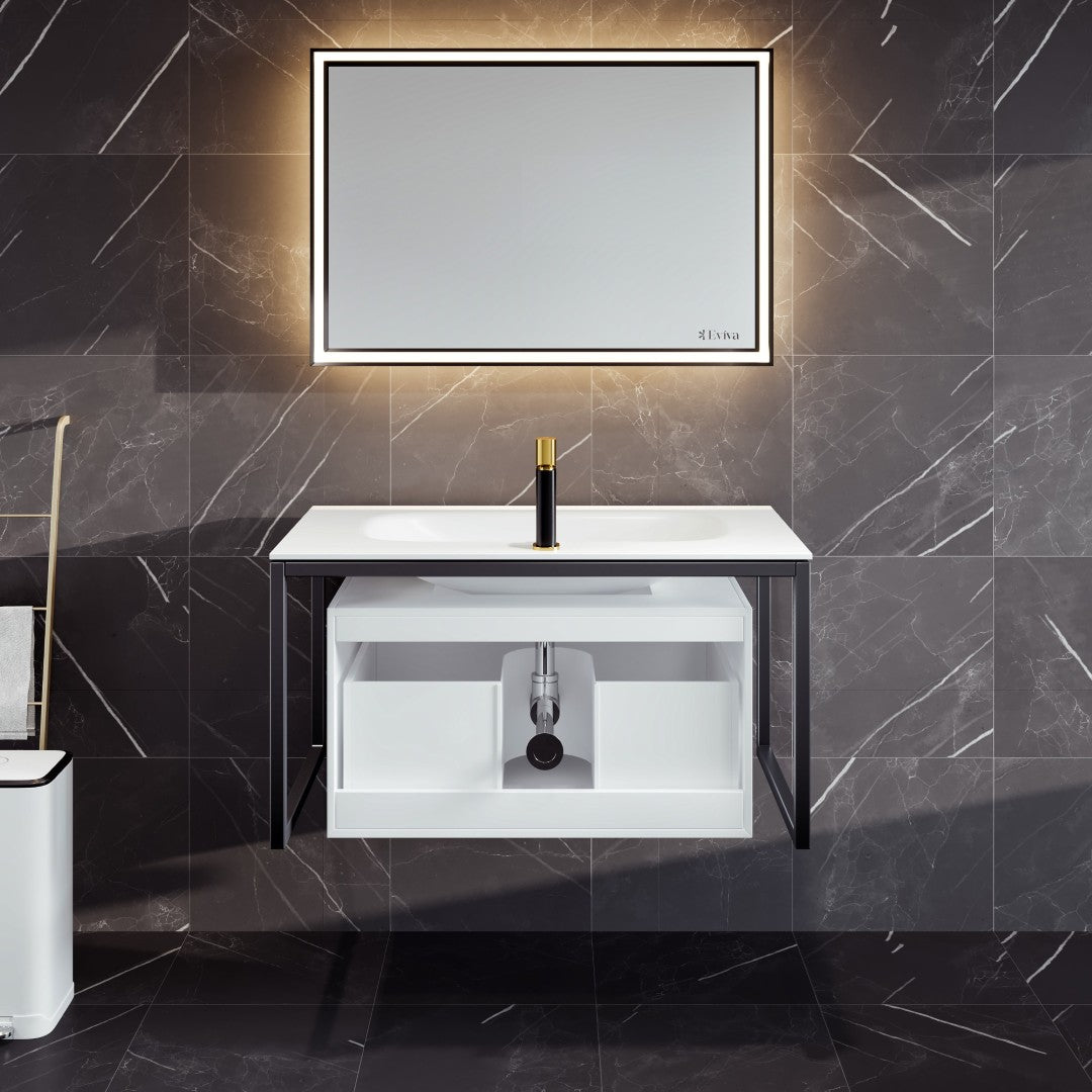 Modena 32 in. White Wall Mount Single Sink Bath Vanity with Solid Surface Top and Integrated Sink