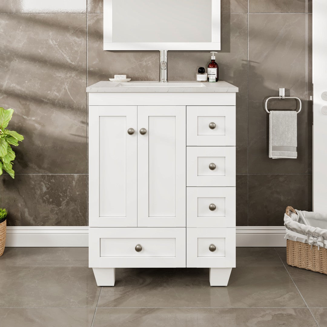 A white single sink bath vanity with a Carrara quartz top and undermount porcelain sink, featuring a white finish and premium stainless steel brushed nickel hardware.