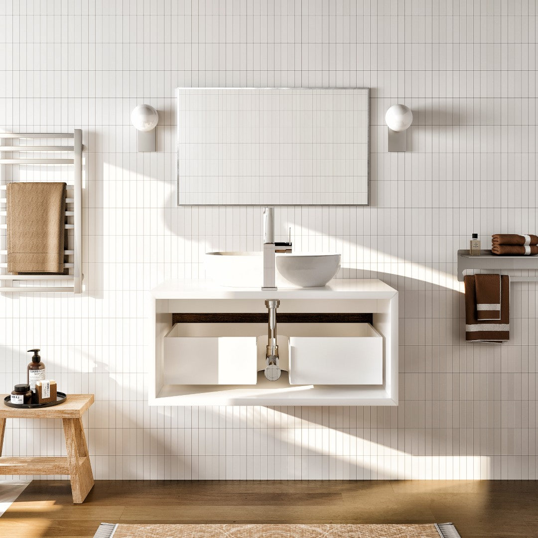 Santa Monica 36 in. Gray Oak Wall Mount Single Sink Bath Vanity with Acrylic Top and Vessel Solid Surface Sink