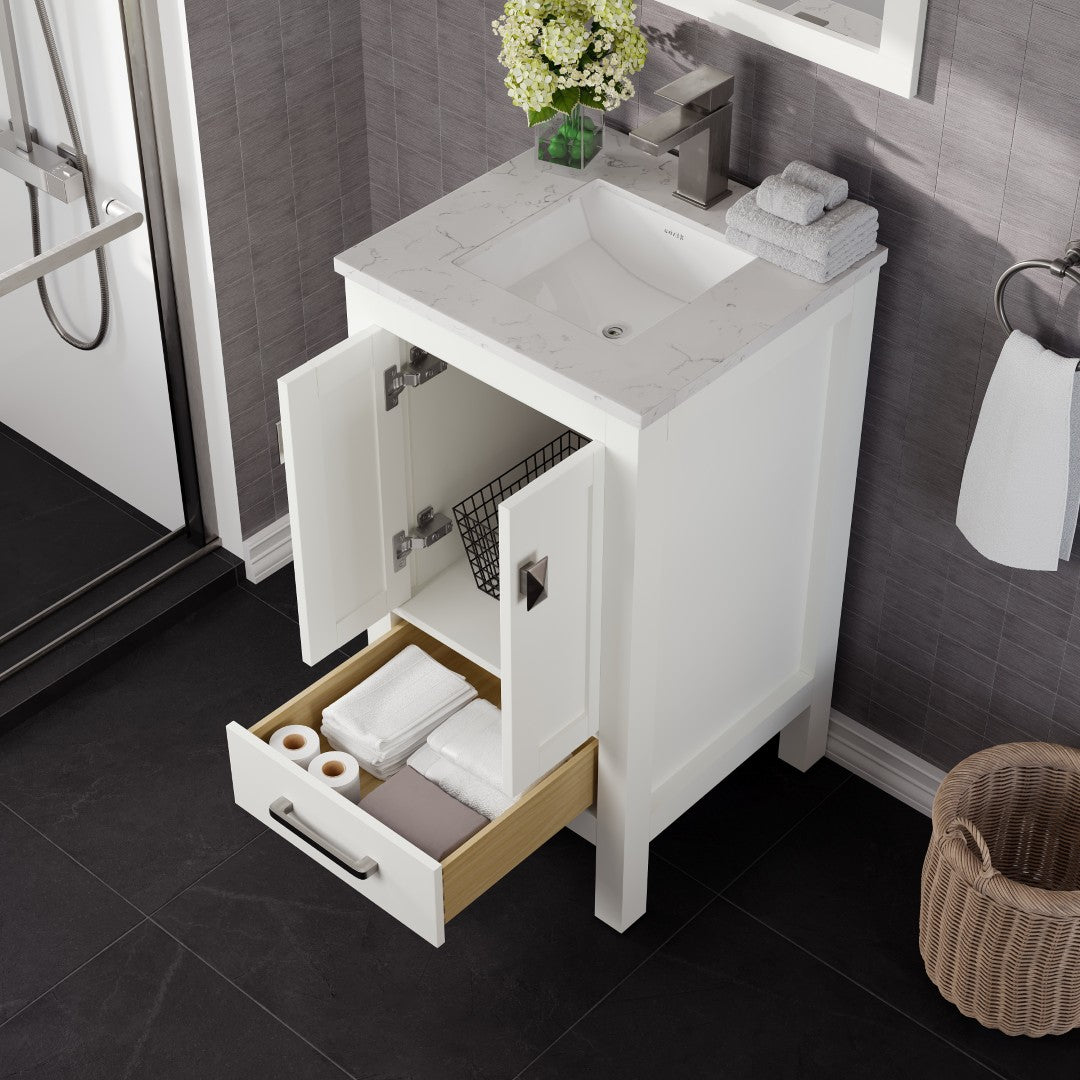 London 20 in. White Single Sink Bath Vanity with Carrara Quartz Top and Undermount Porcelain Sink