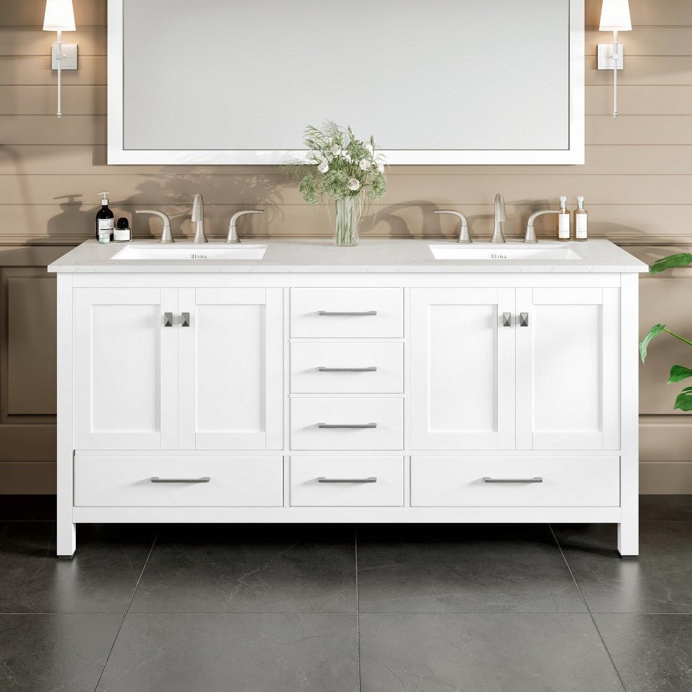 Aberdeen 72 in. White Double Sink Bath Vanity with Carrara Quartz Top and Undermount Porcelain Sinks - Bathroom Vanity by Eviva