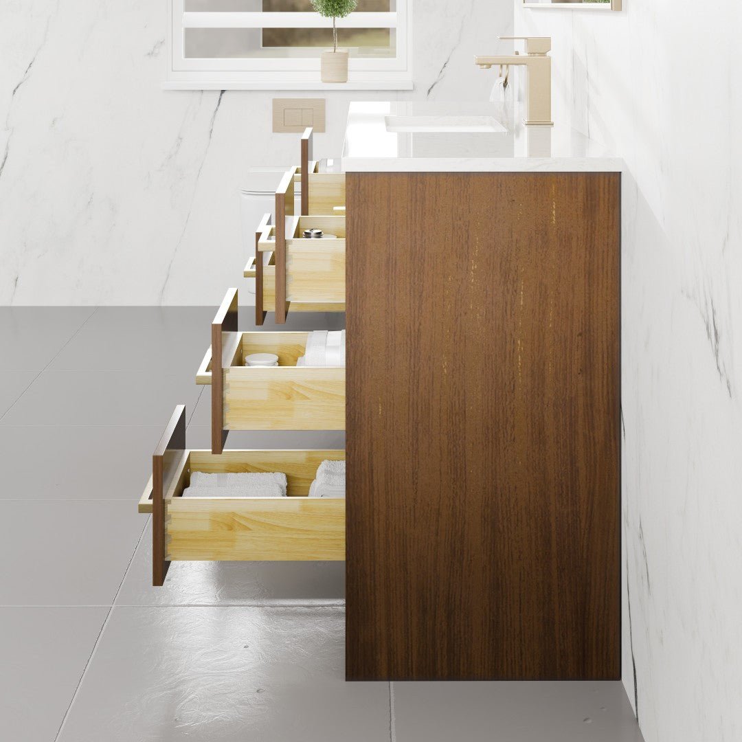 Curio 48 in. Walnut Single Sink Bath Vanity with Carrara Quartz Top and Undermount Porcelain Sink - Bathroom Vanity by Eviva
