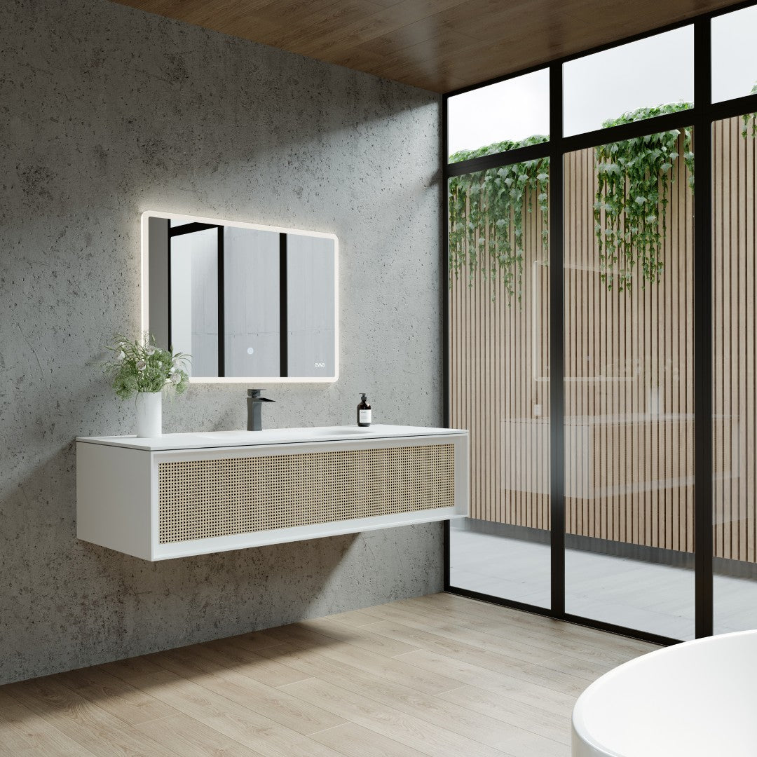 Nets 44 in. Natural Oak/White Wall Mount Single Sink Bath Vanity with Solid Surface Top and Integrated Sink