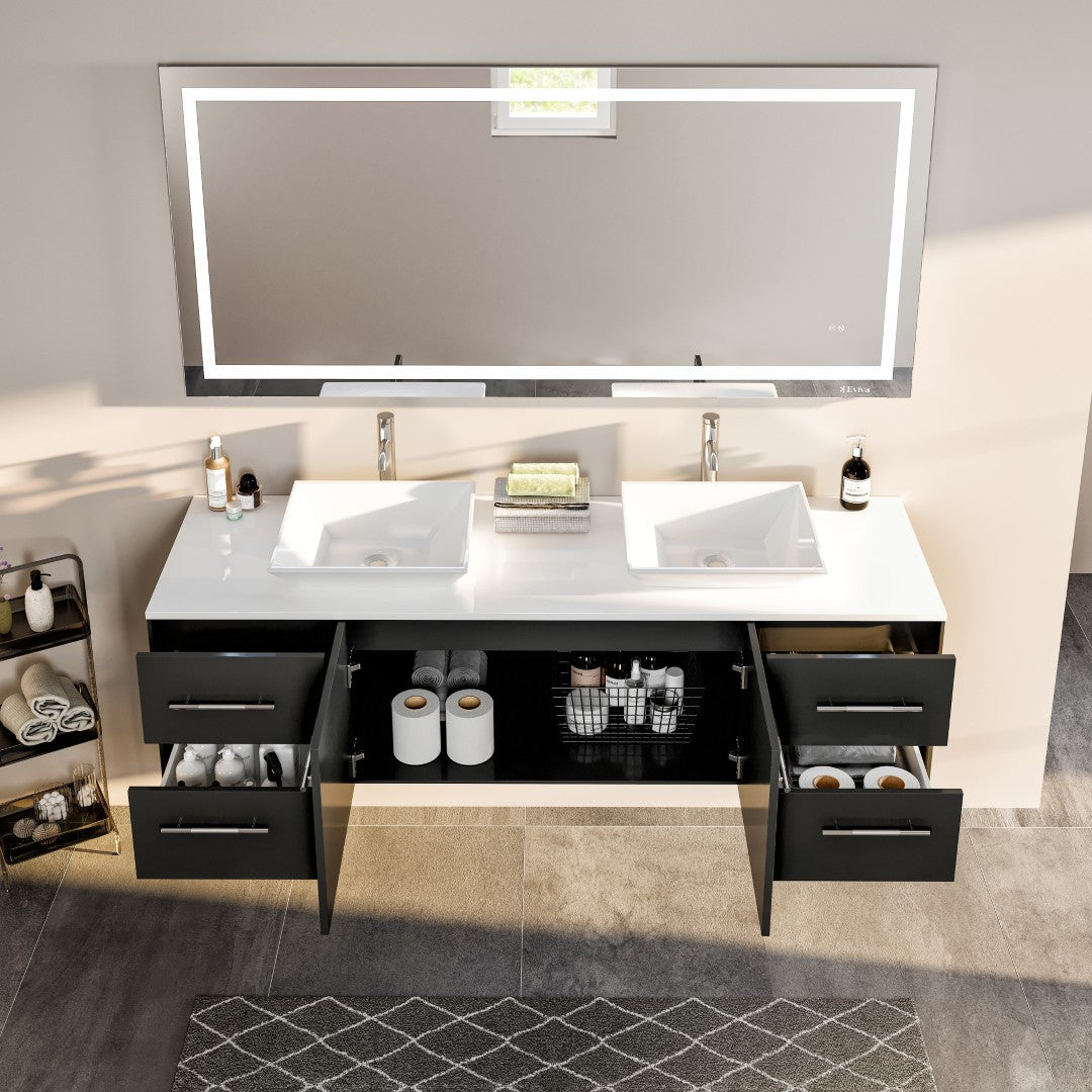 Wave 72 in. Espresso Wall Mount Double Sink Bath Vanity with White Quartz Top and Vessel Porcelain Sinks