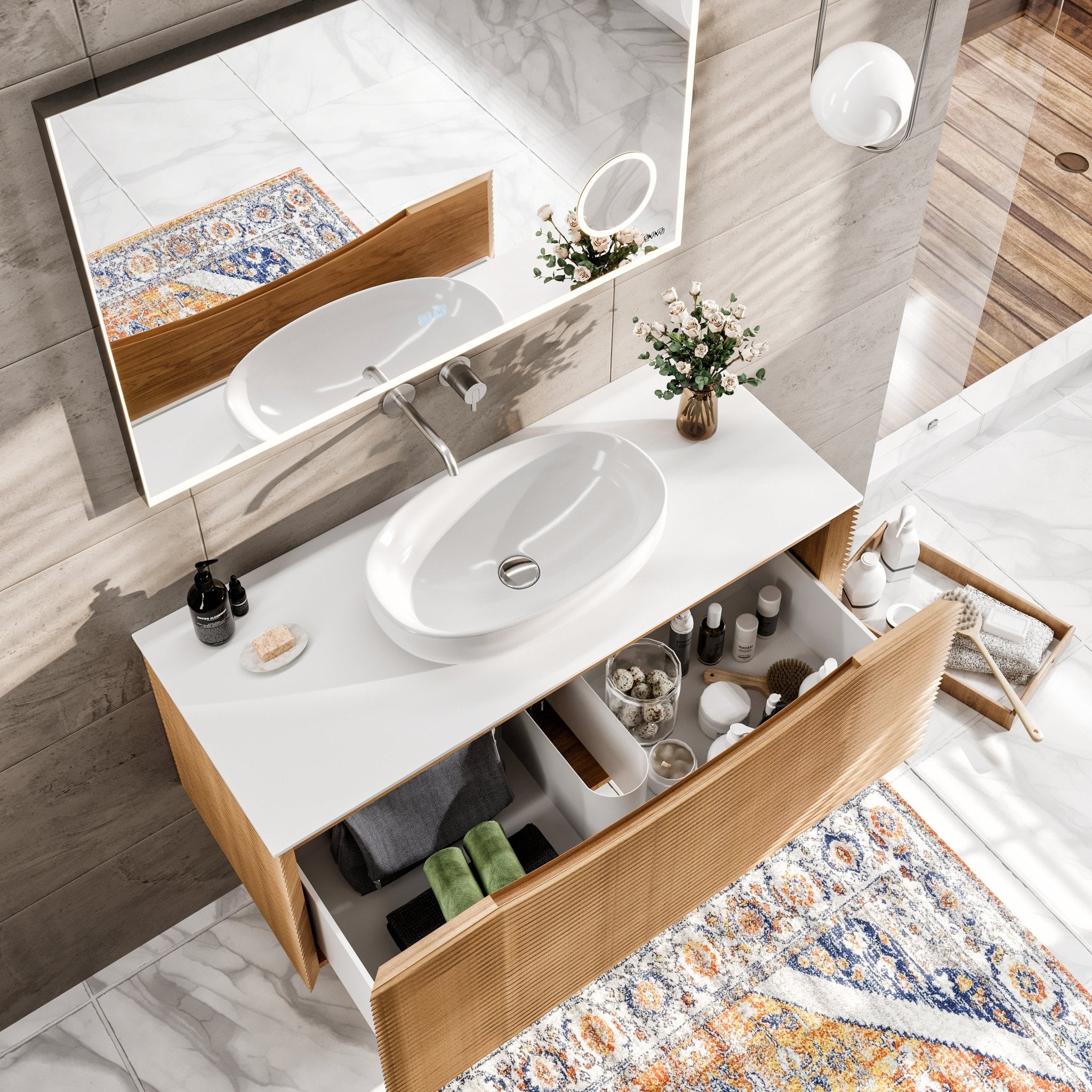 Leah 32 in. Medium Oak Wall Mount Single Sink Bath Vanity with Solid Surface Top and Vessel Solid Surface Sink - Bathroom Vanity by Eviva
