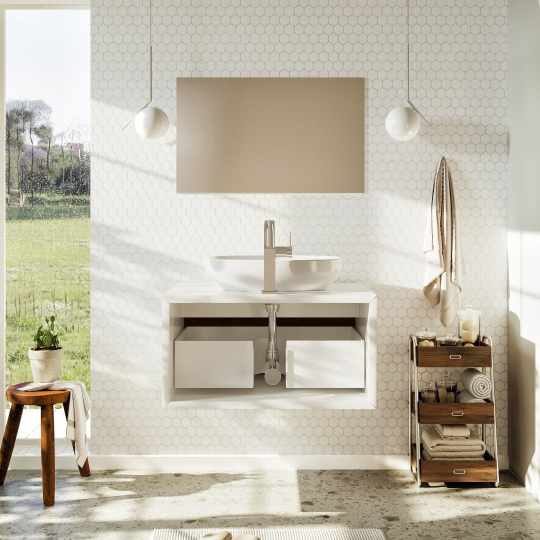 Santa Monica 30 in. Rosewood Wall Mount Single Sink Bath Vanity with Acrylic Top and Vessel Solid Surface Sink