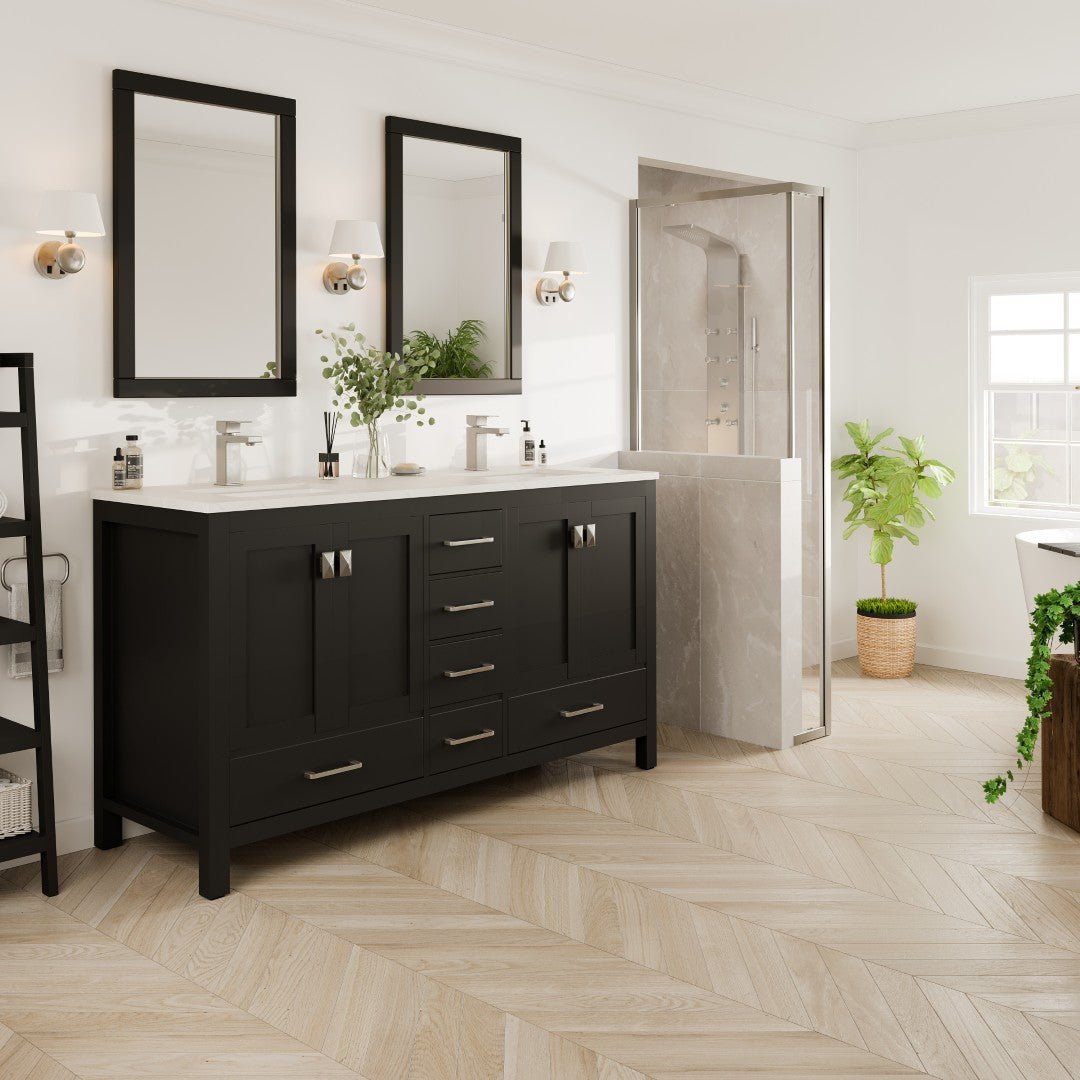 London 60 in. Espresso Double Sink Bath Vanity with Carrara Quartz Top and Undermount Porcelain Sinks - Bathroom Vanity by Eviva