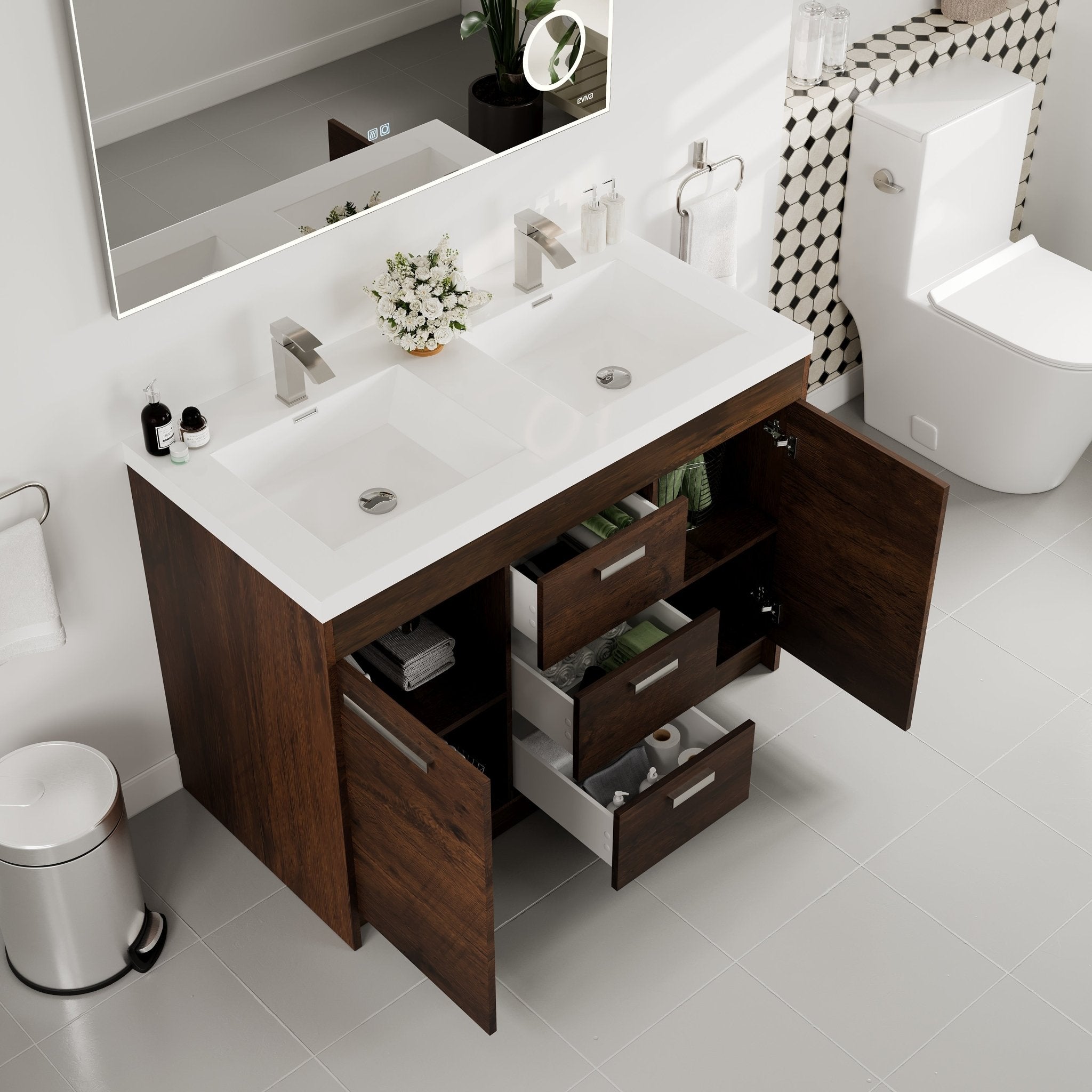 Lugano 48 in. Rosewood Double Sink Bath Vanity with Acrylic Top and Integrated Sinks - Bathroom Vanity by Eviva