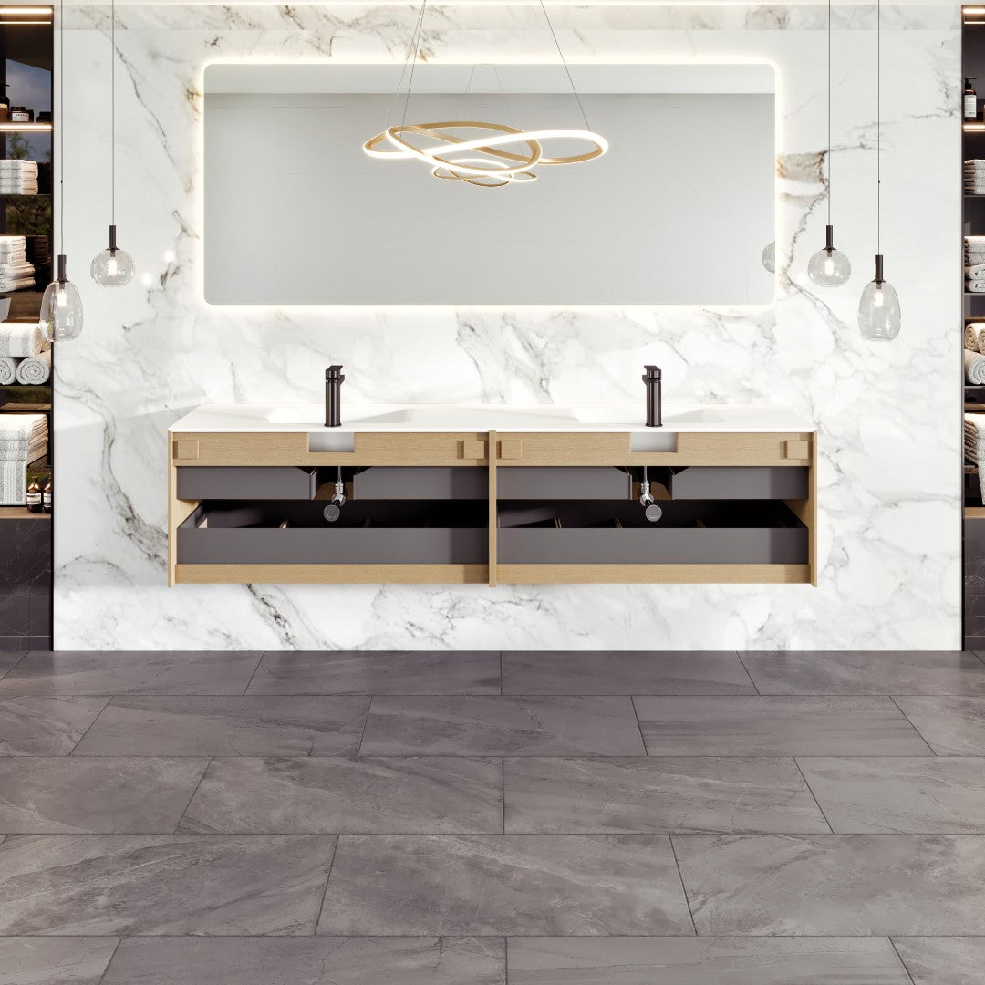 Lotus 71 in. Natural Oak Wall Mount Double Sink Bath Vanity with Solid Surface Top and Integrated Sinks