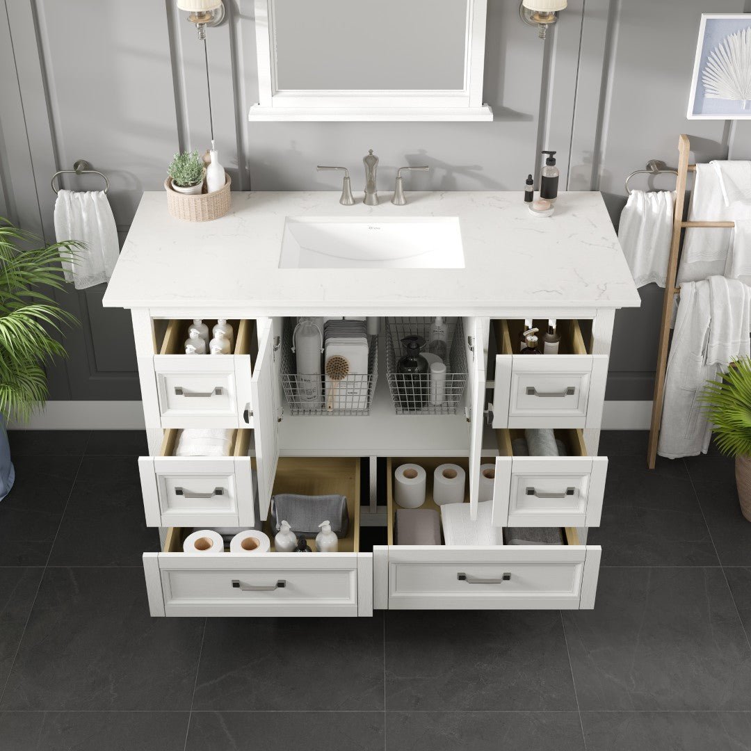 Britney 48 in. White Single Sink Bath Vanity with Carrara Quartz Top and Undermount Porcelain Sink - Bathroom Vanity by Eviva