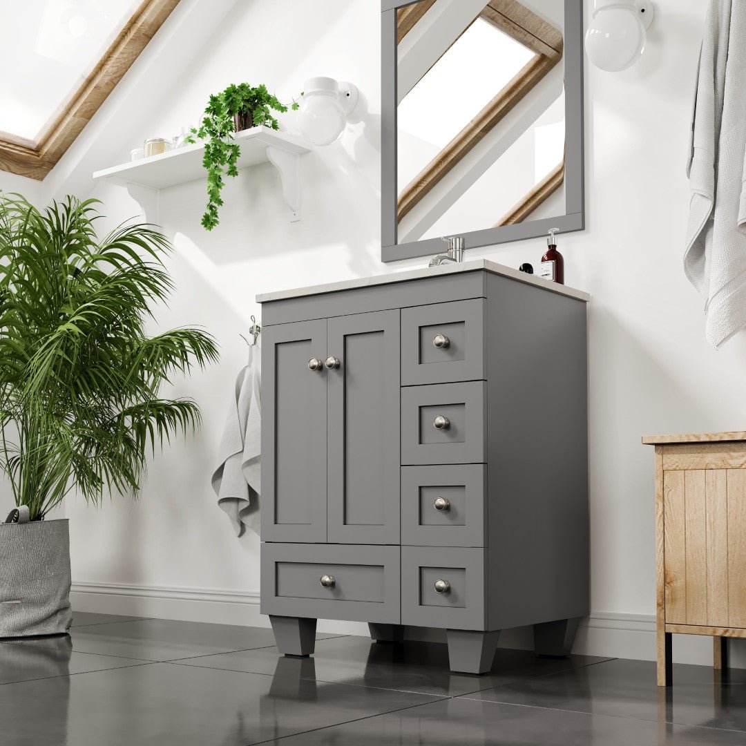 Happy 24 in. Gray Single Sink Bath Vanity with Carrara Quartz Top and Undermount Porcelain Sink - Bathroom Vanity by Eviva