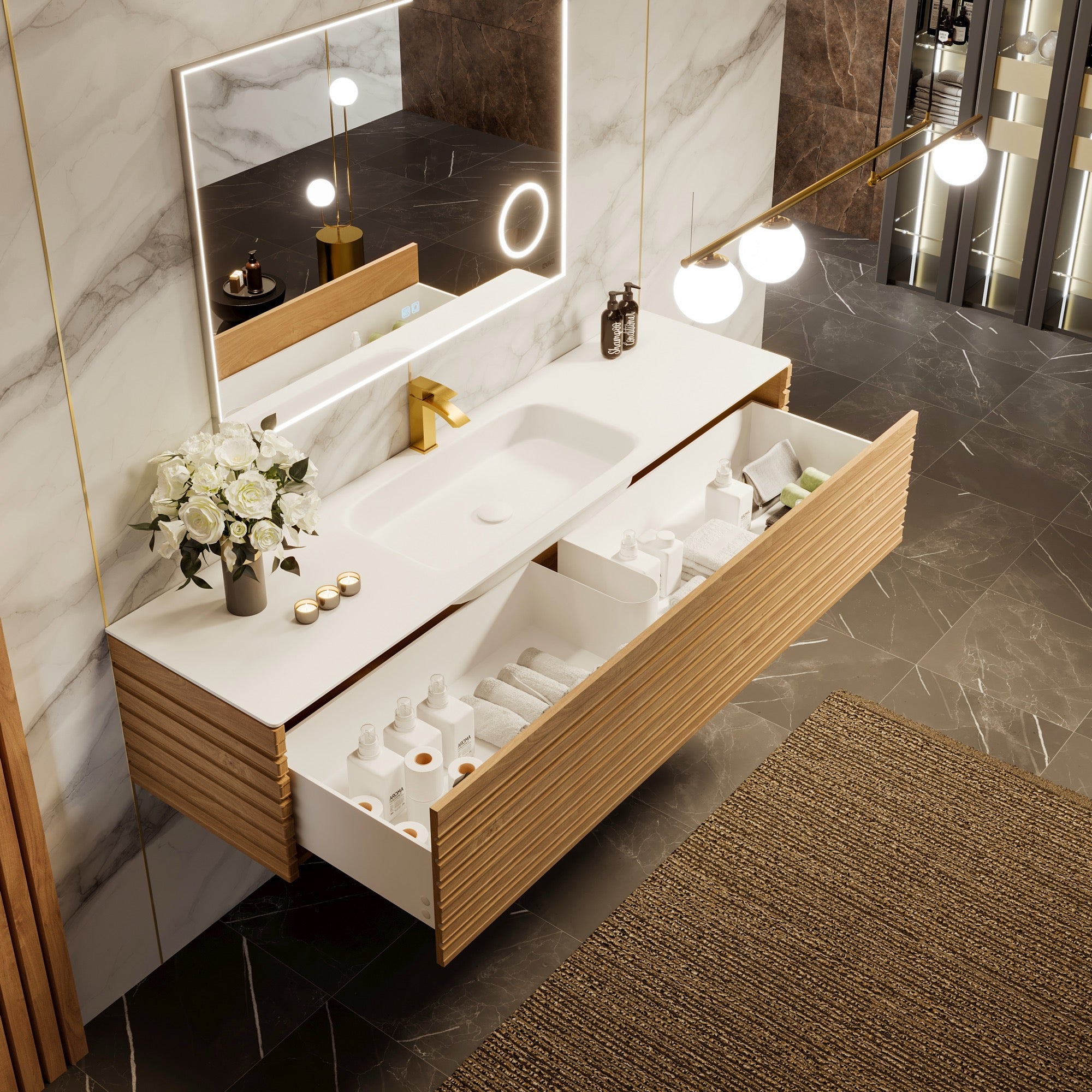 Allure 55 in. Oak Wall Mount Single Sink Bath Vanity with Solid Surface Top and Integrated Sink