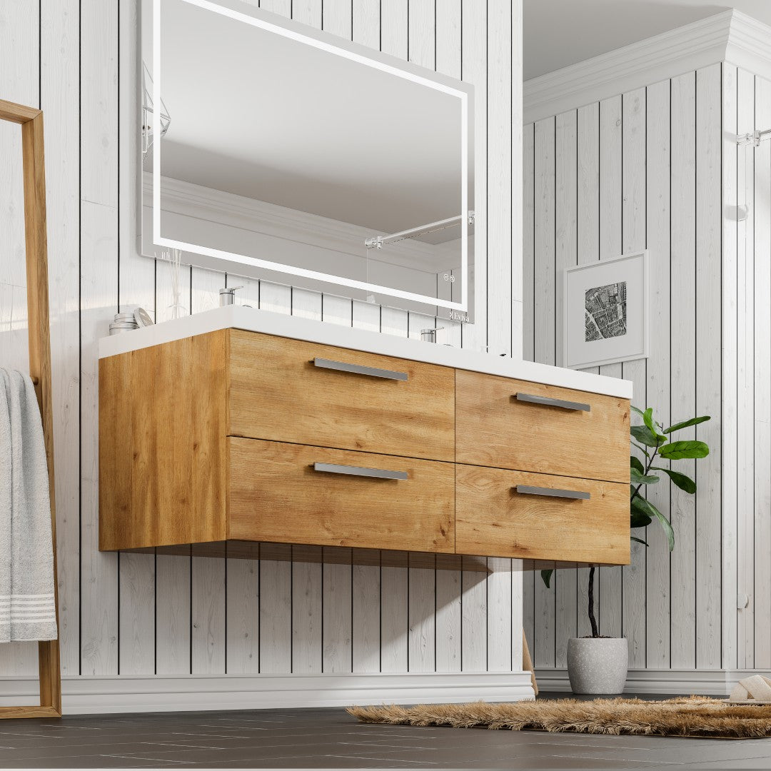 Surf 57 in. Natural Oak Wall Mount Double Sink Bath Vanity with Acrylic Top and Integrated Sinks